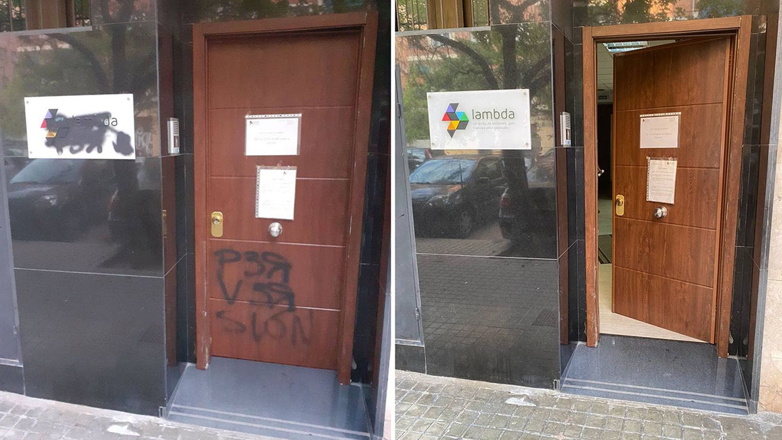 A l'esquerra, estat en què ha aparegut la seu de Lambda a València aquest dimarts