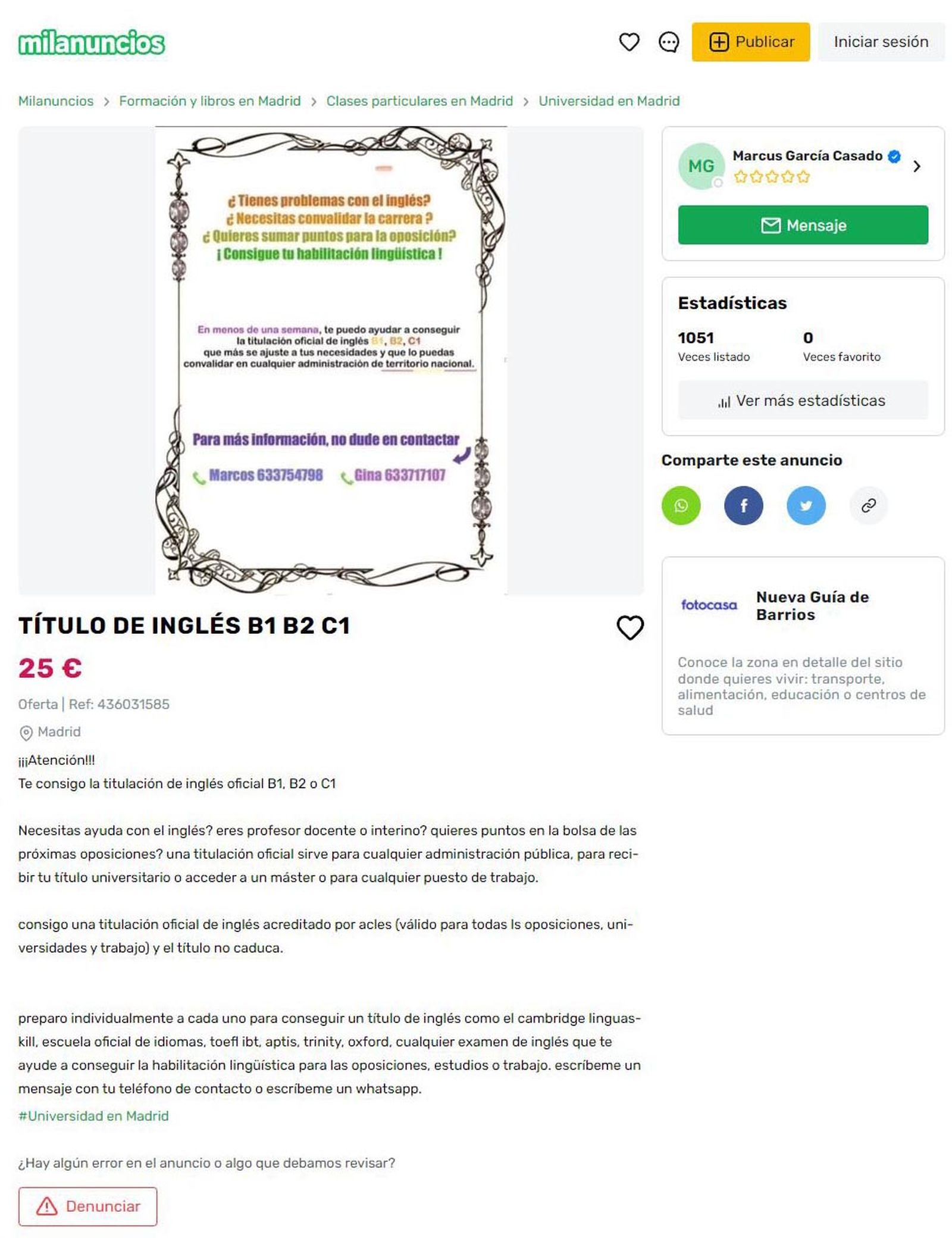 Anunci del frau publicat en Milanuncios