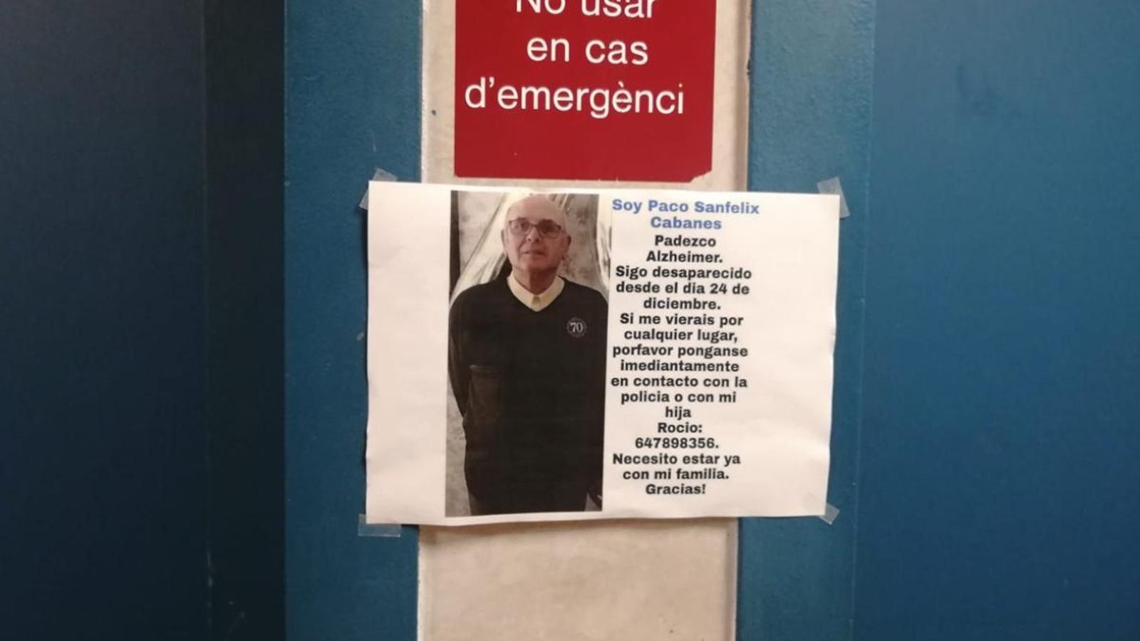 Un dels cartells distribuït per l'Hospital de la Ribera per a demanar ajuda en la recerca de Francisco Sanfélix