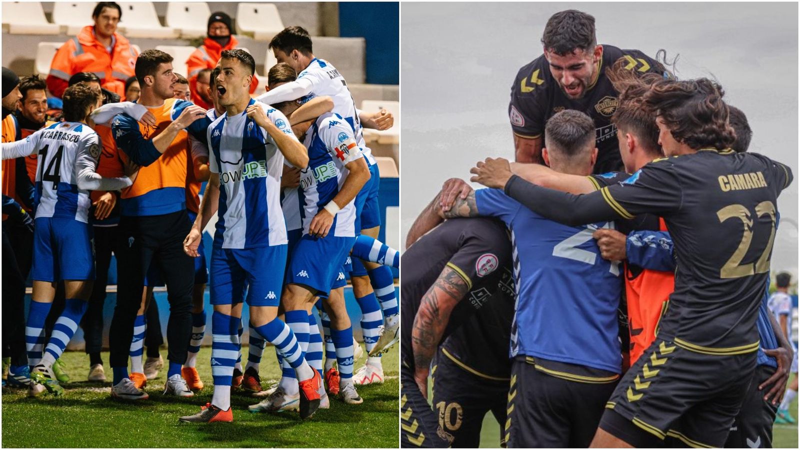 Els jugadors de l'Alcoià i l'Intercity celebren un gol