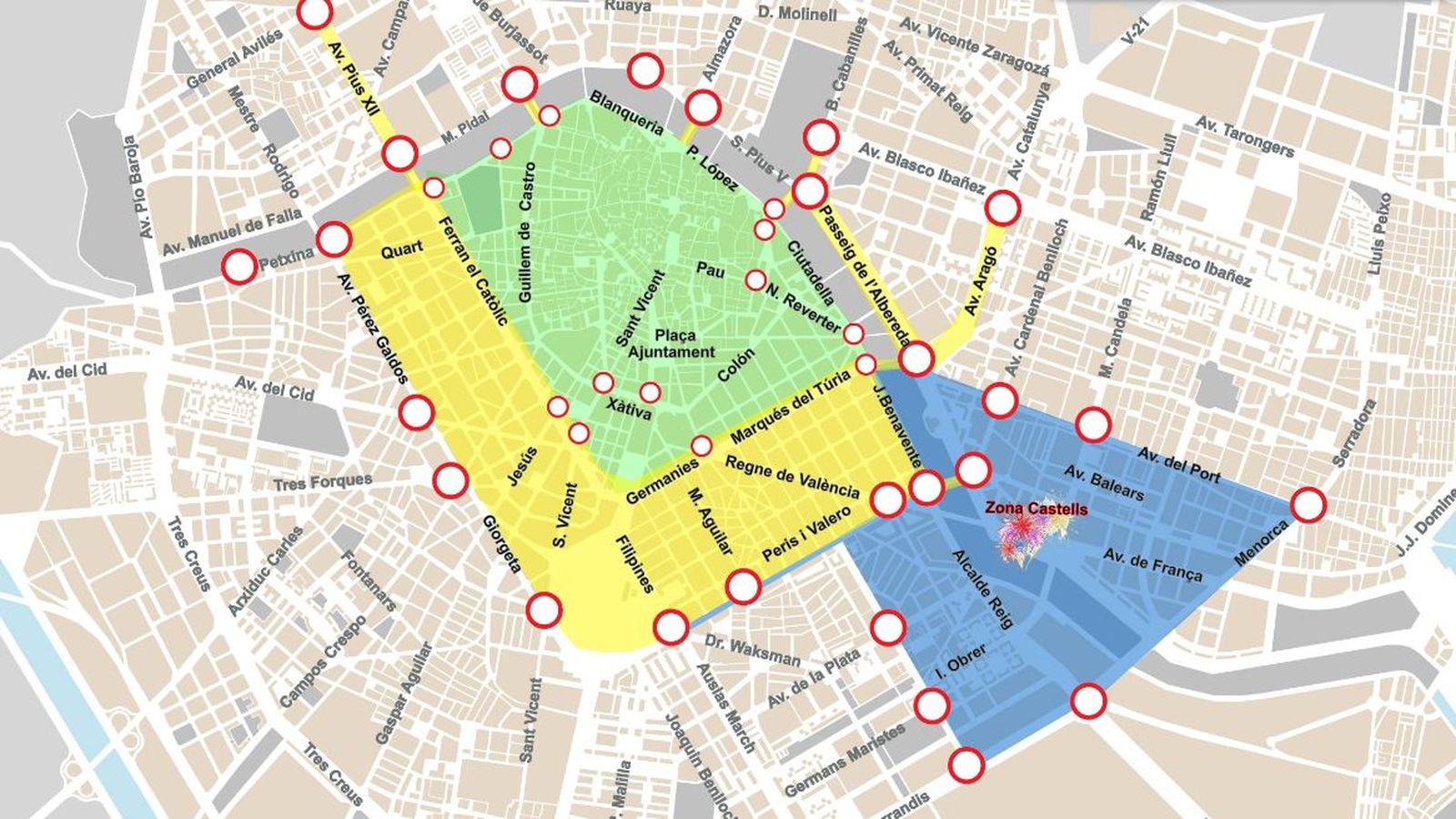 Mapa dels carrers tallats a València durant les Falles