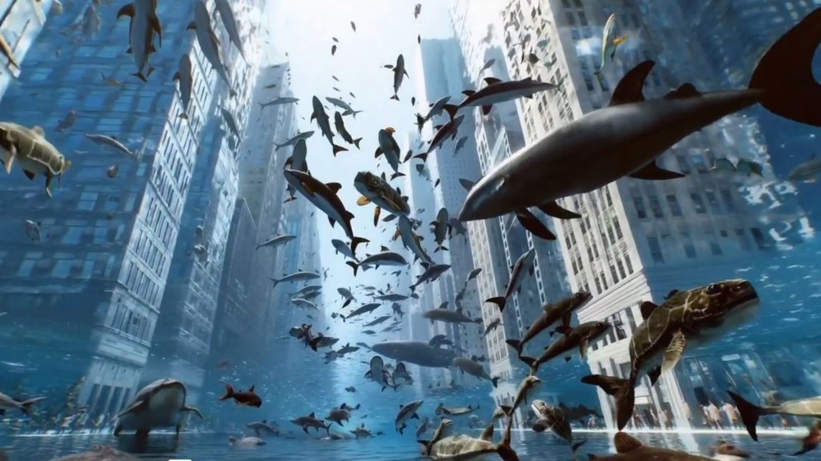 Fotograma d'un dels vídeos generats amb intel·ligència artificial, a partir de les instruccions: "La ciutat de Nova York submergida com l'Atlàntida amb peixos, balenes, tortugues marines i taurons nadant"