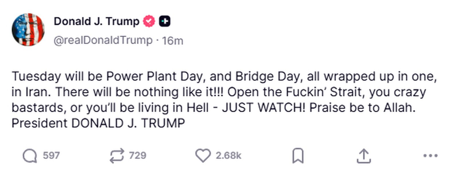 Missatge publicat per Trump en la seua xarxa social