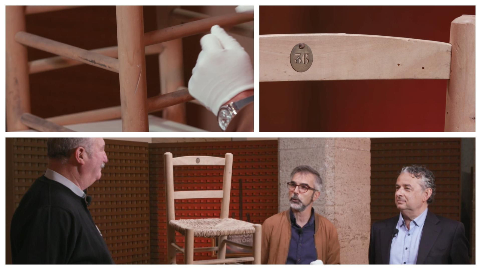 El director de l'ETNO, Joan Seguí, i l'expert en esports, Paco Lloret, revisen la cadira