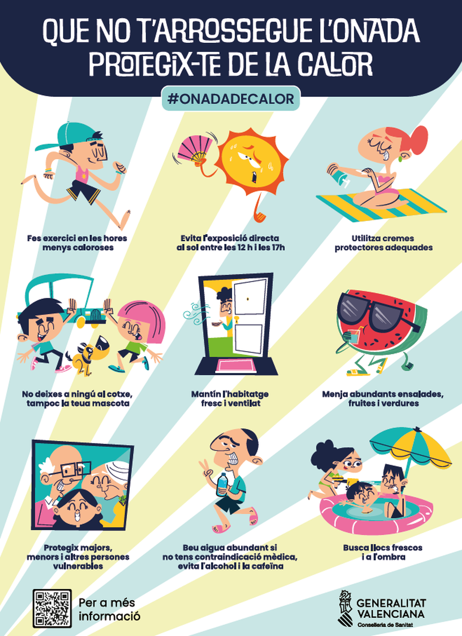 Cartell de l'actual campanya de sensibilització de la Conselleria de Sanitat per a previndre els problemes de salut ocasionats per les altes temperatures