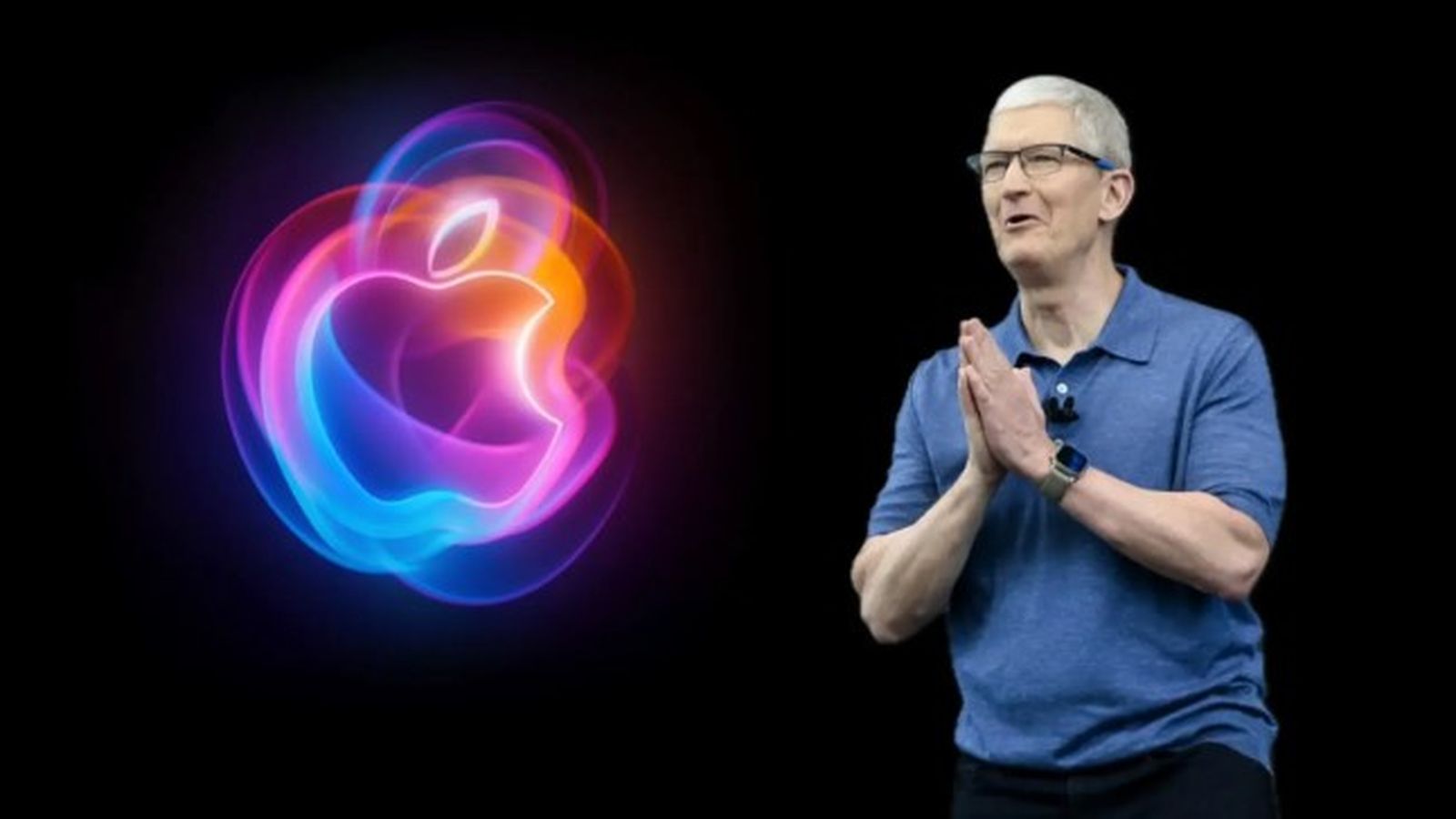 El CEO d'Apple, Tim Cook, al costat del logo de l'esdeveniment de presentació