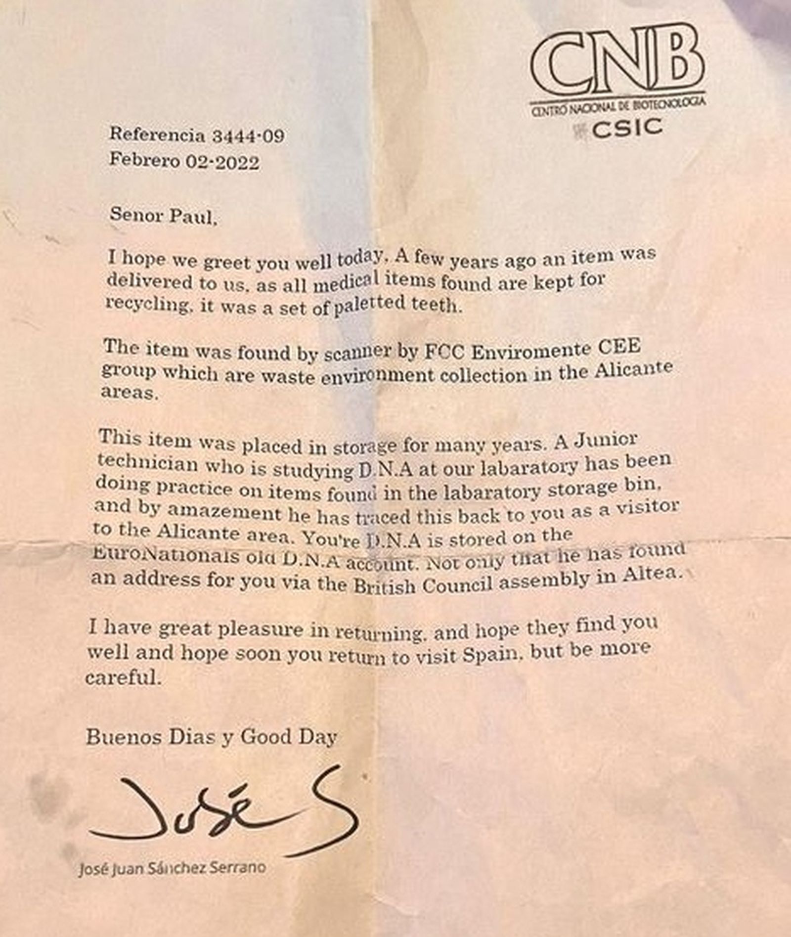 Carta rebuda per Paul del CSIC