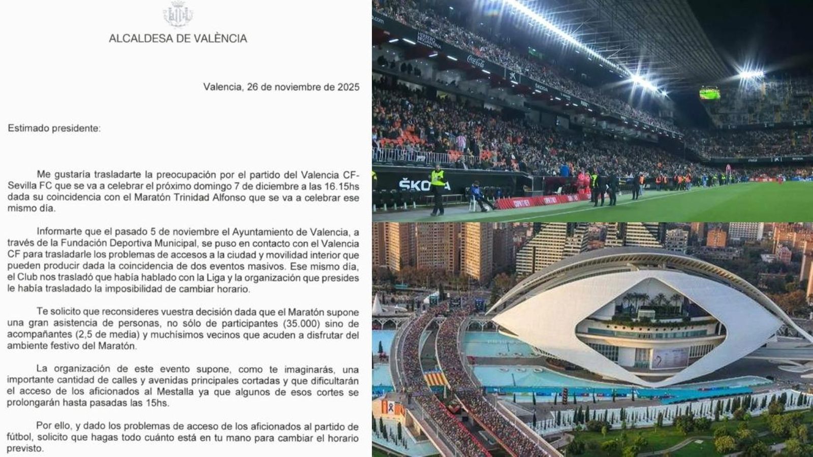 L'alcaldessa de València demana el canvi d'horari del València-Sevilla