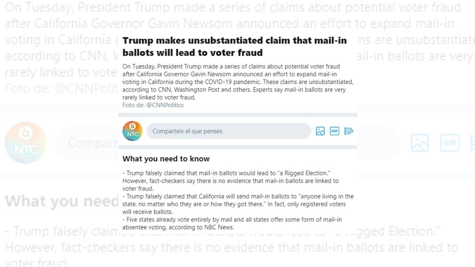 Avís de la xarxa social Twitter sobre les publicacions del president dels Estats Units