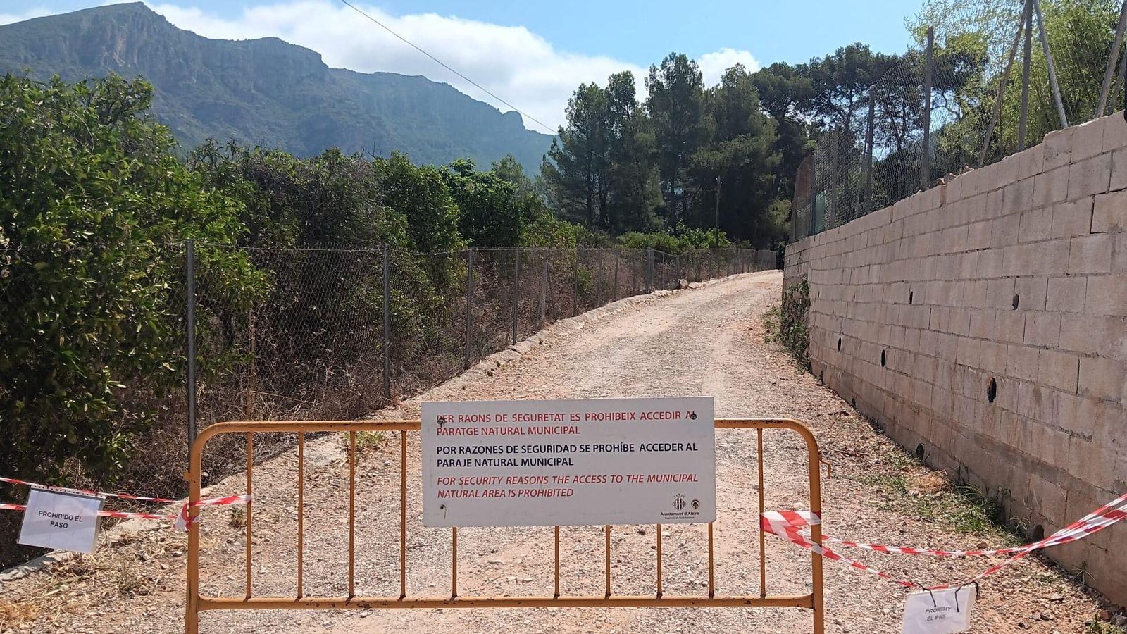 Camí d'accés al paratge alzireny de la Murta tallat al trànsit, donat que des d'este divendres i fins a diumenge este espai natural estarà tancat