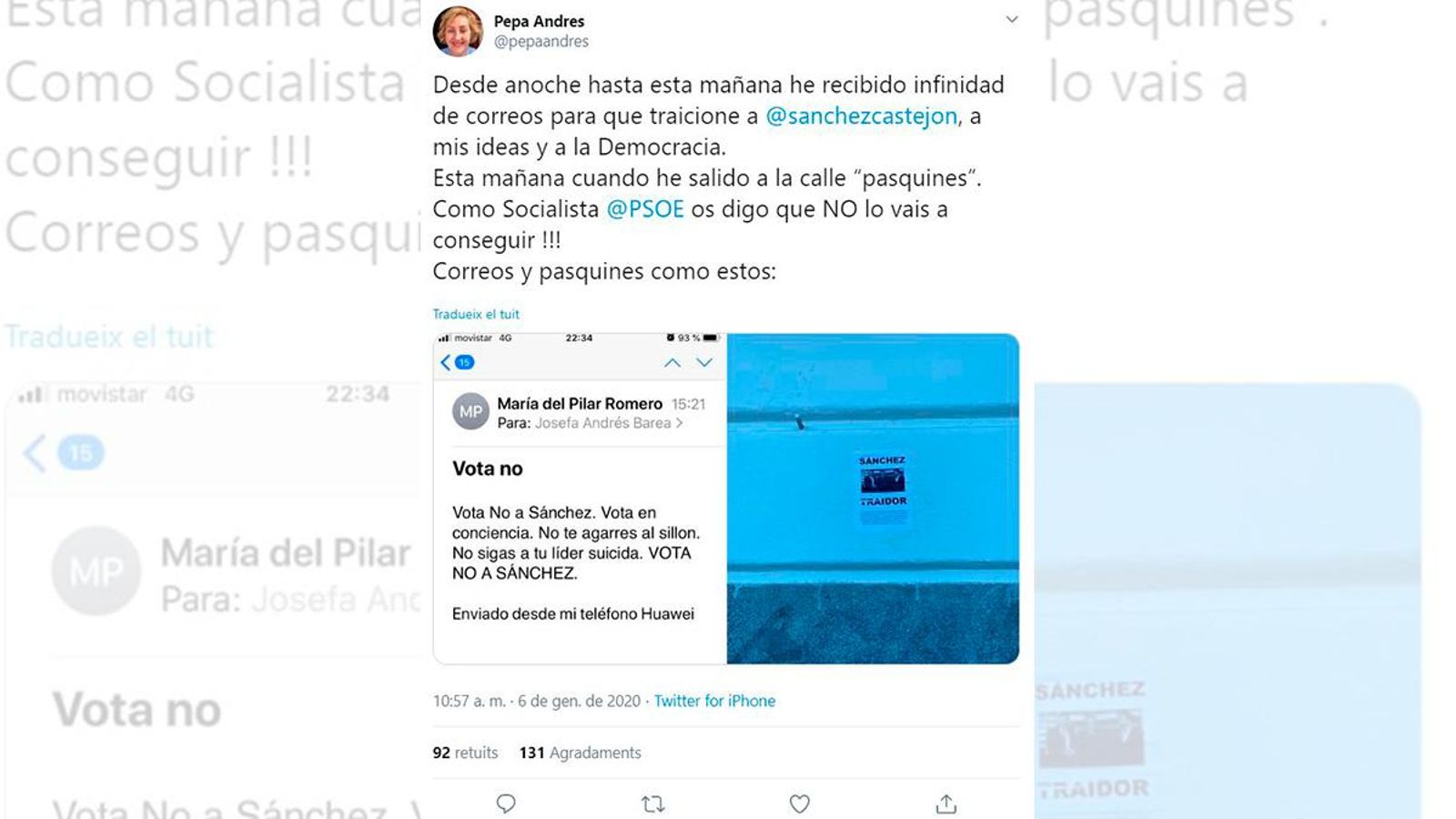 Missatge publicat a les xarxes socials per la diputada Pepa Andrés