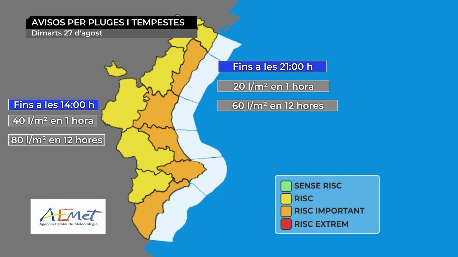 Avisos d'Aemet per a aquest dimarts
