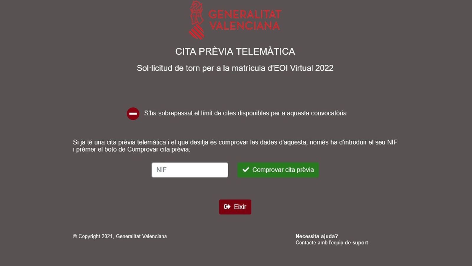 Imatge amb què es trobaven els interessats més ressagats aquest dilluns de matí quan volien inscriure's en algun dels cursos virtuals d'anglés o valencià
