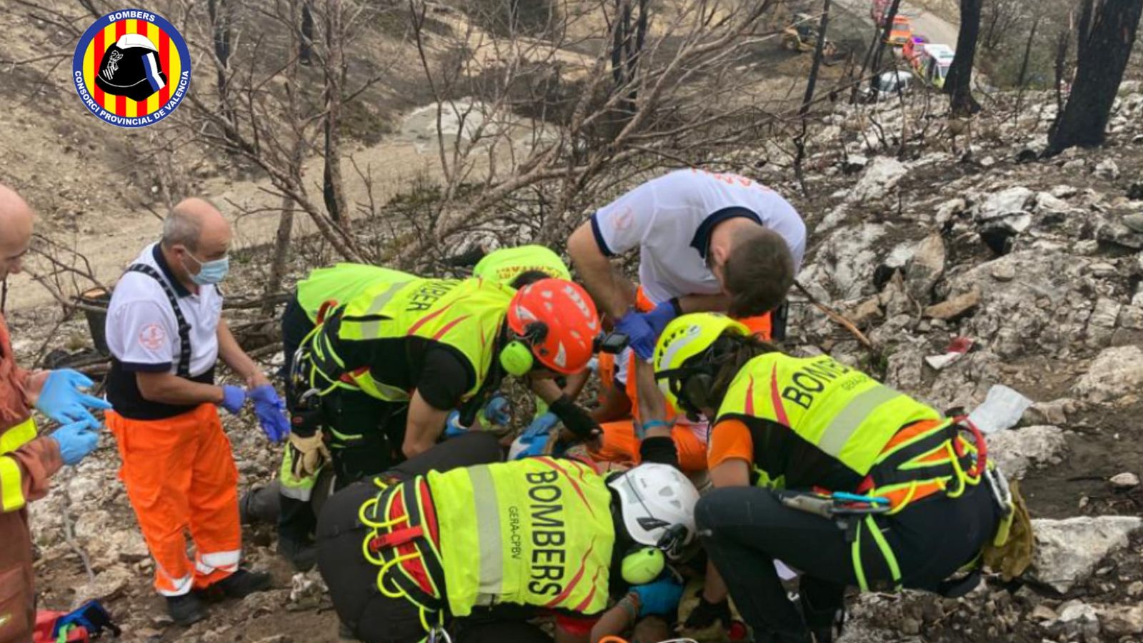 Bombers durant el rescat dels dos homes ferits per la caiguda d'un arbre a Venta del Moro
