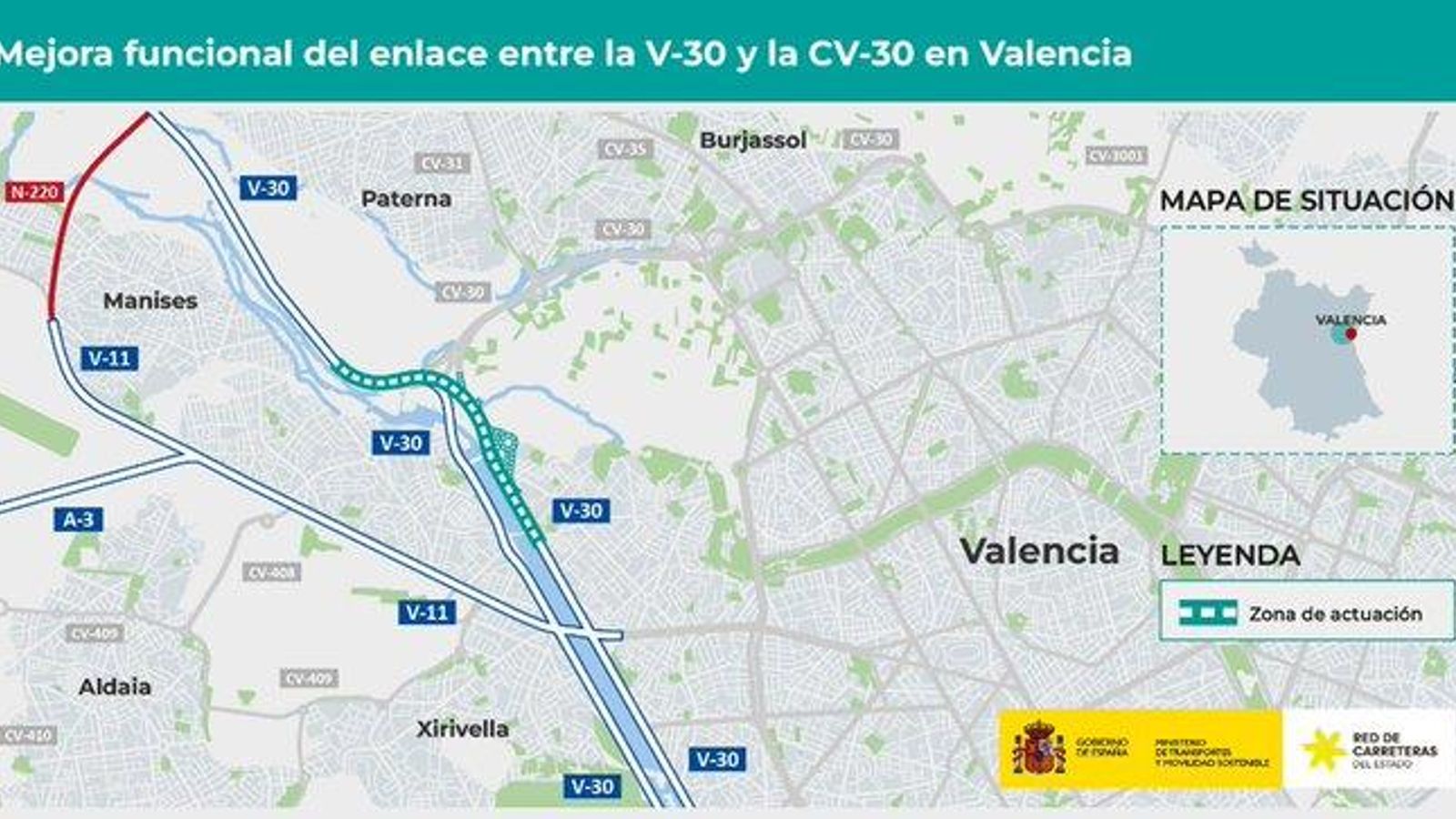 Mapa de situació de les obres entre l'autovia V-30 d'accés al Port i la CV-30 Ronda Nord, a València