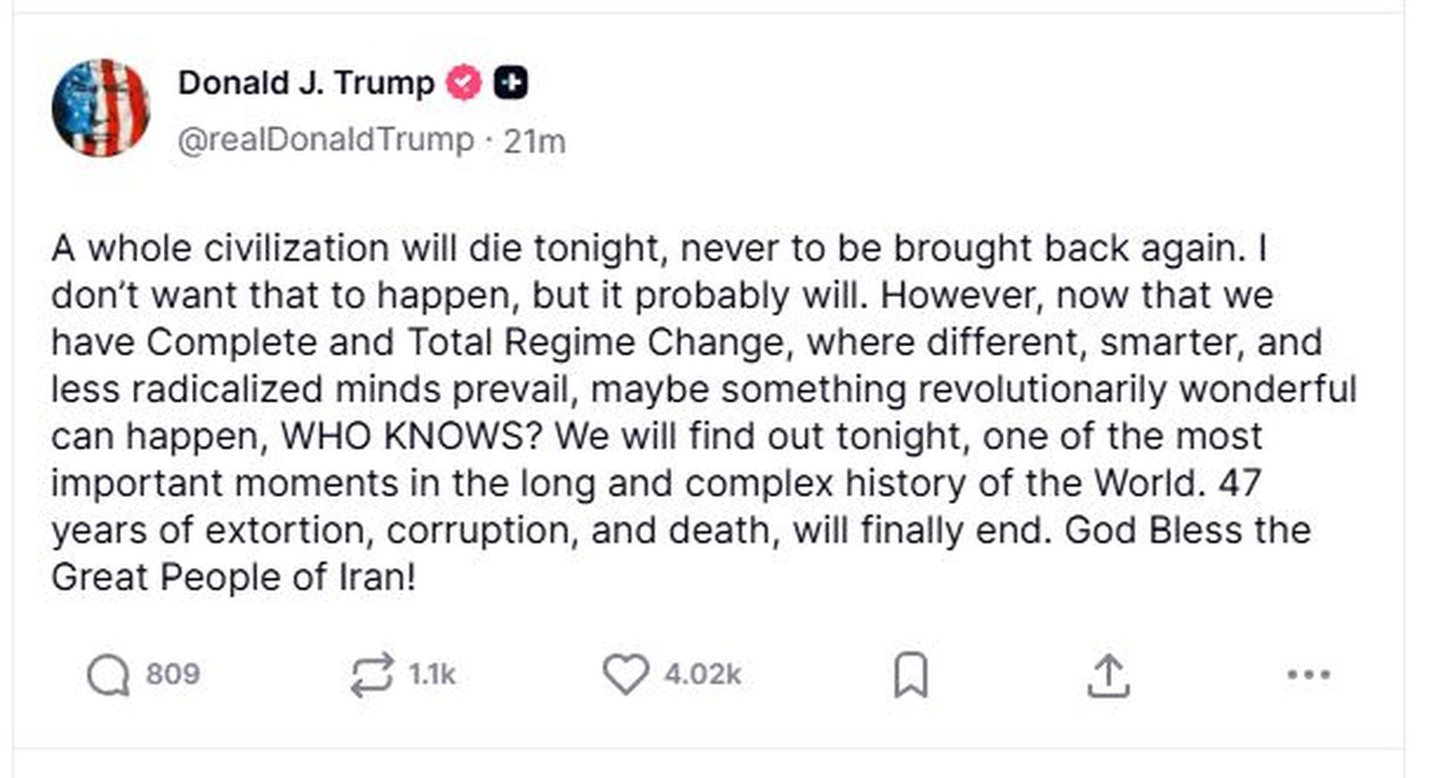 Missatge de Trump en la xarxa Truth Social, este dimarts