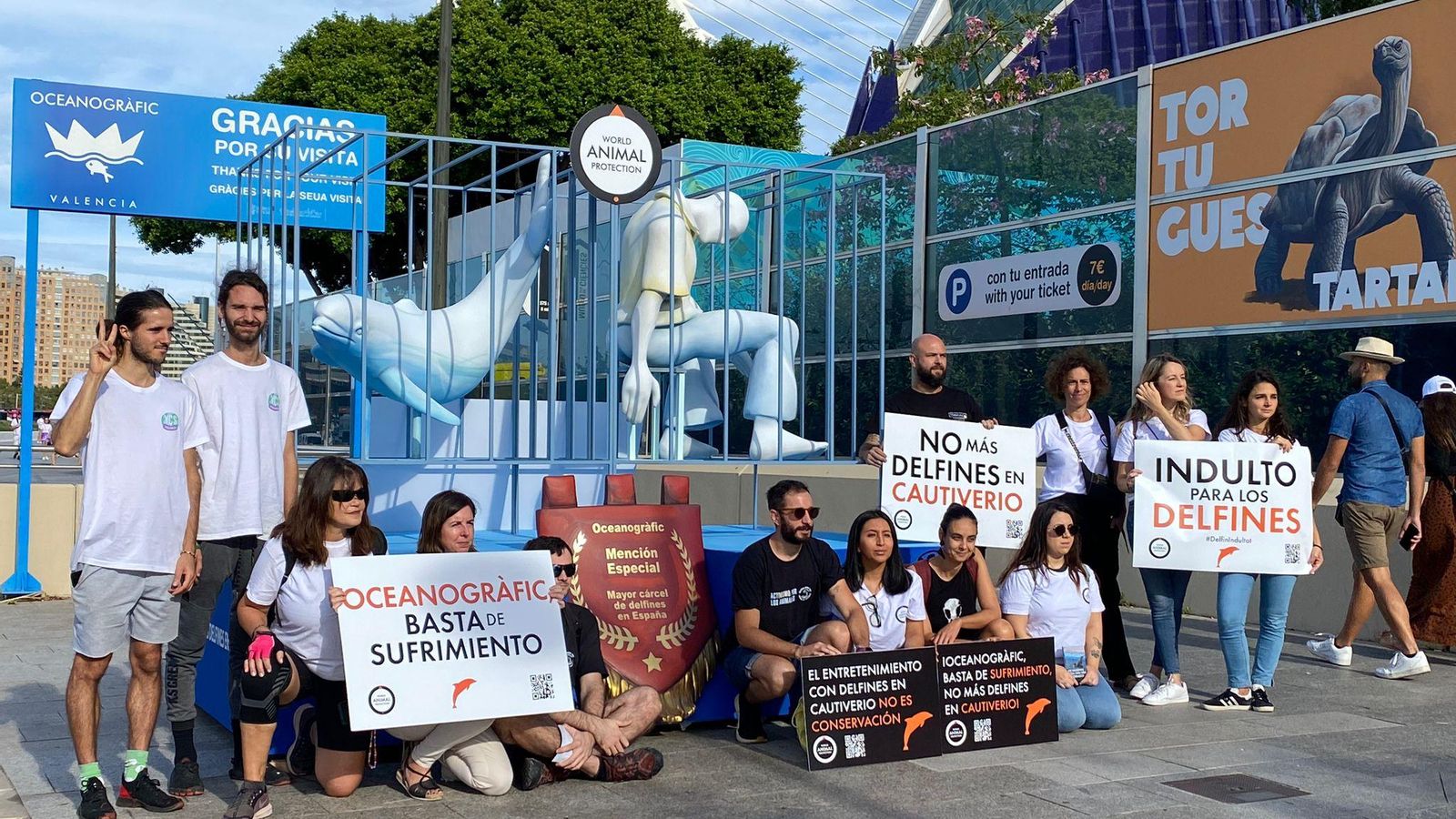 Protesta de World Animal Protection a les portes de l'Oceanogràfic de València
