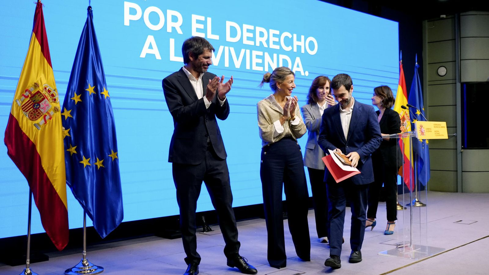 Els cinc components de Sumar en la roda de premsa d'esprés del Consell de Ministres el dimarts passat