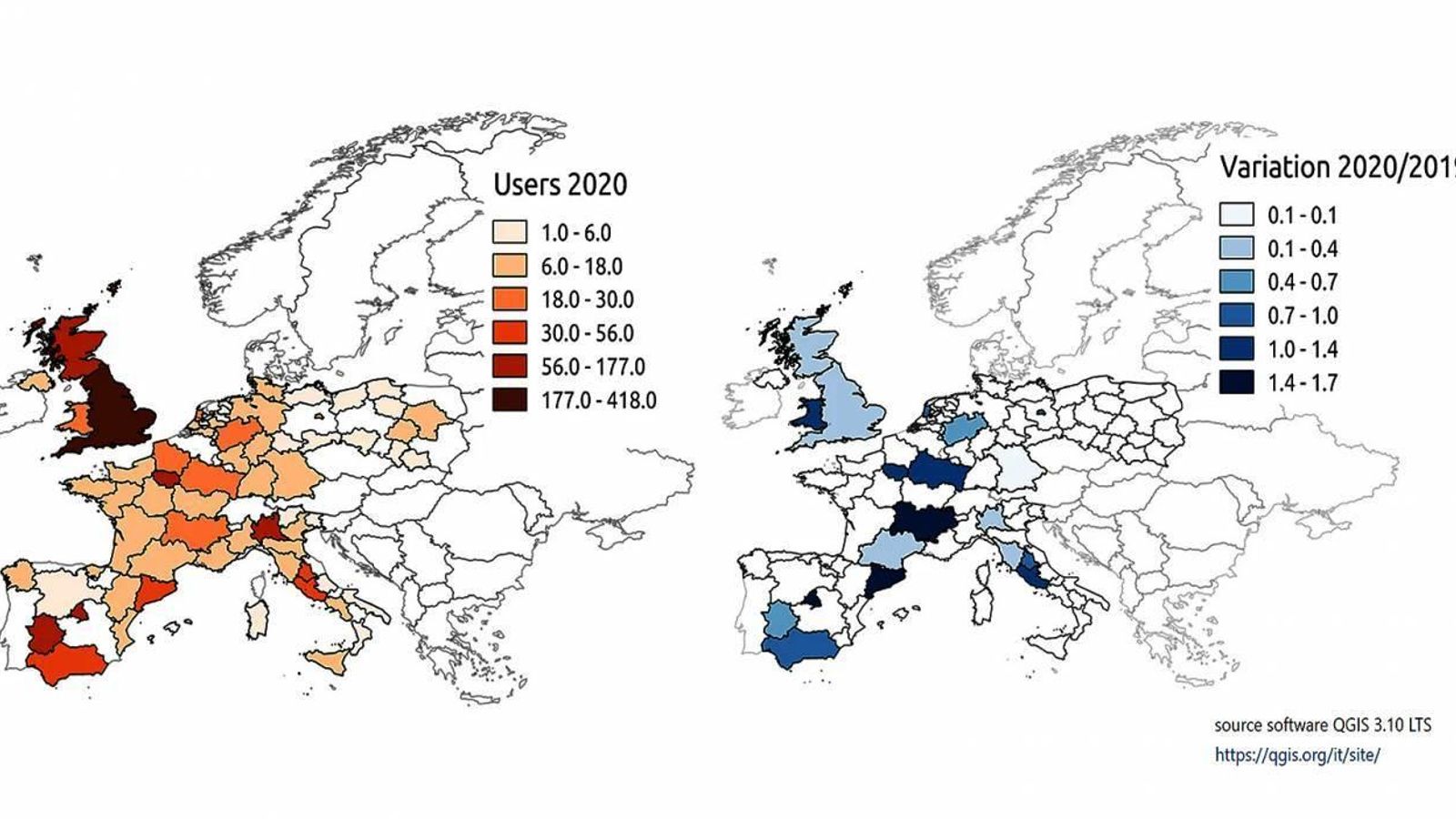 Geolocalització de tuits relacionats amb `pneumònia`publicats a Europa des de desembre de 2019. Al primer mapa, nombre d’usuaris que van debatre sobre ella entre el 15 de desembre i el 21 de gener (després que es filtraren notícies relacionades); i al segon, variació relativa en el nombre d’usuaris que parlen de pneumònia entre l’hivern de 2019 i de 2020