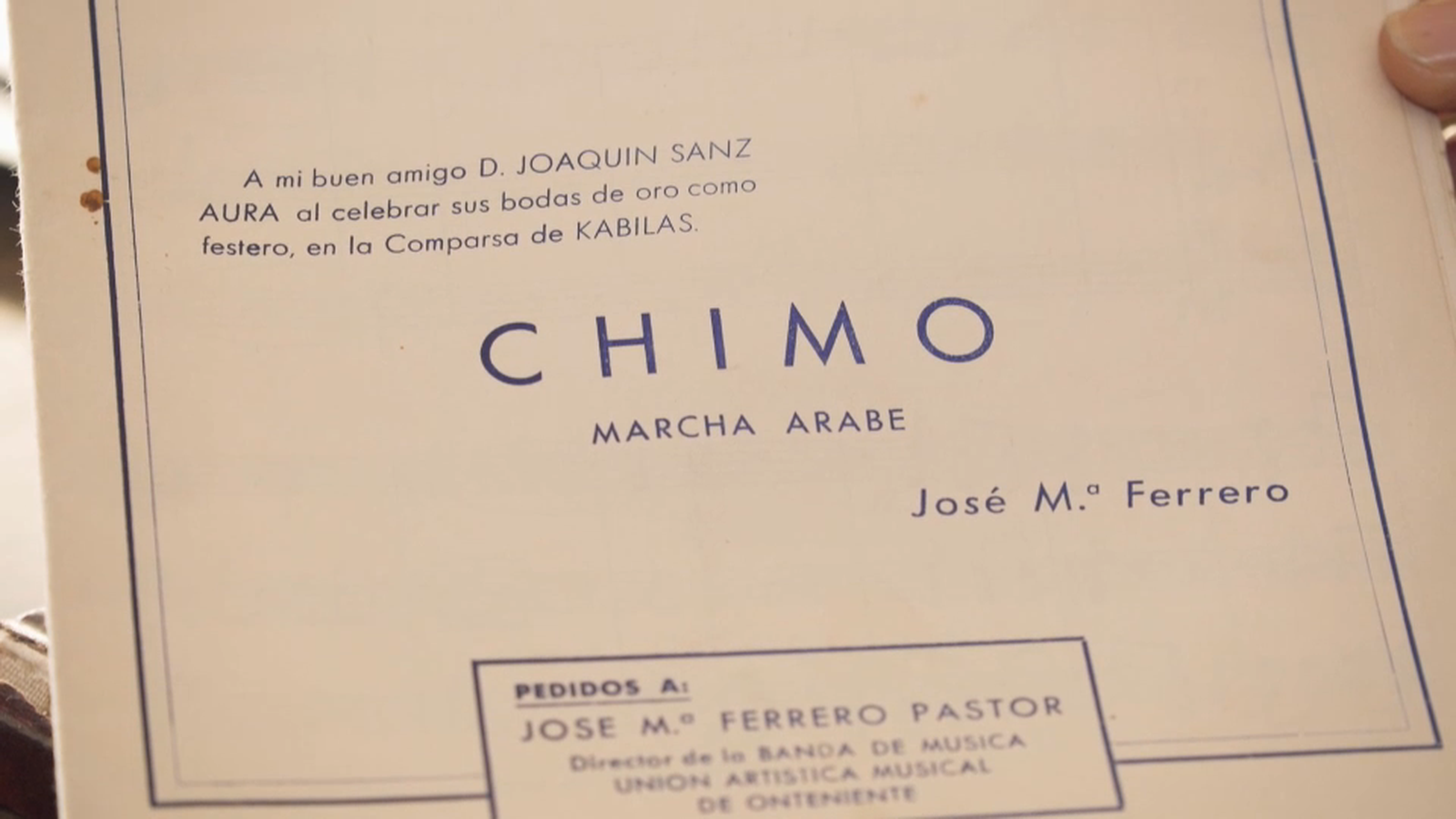 Imatge de la partitura de 'Chimo', dedicada a Joaquín Sanz Aura