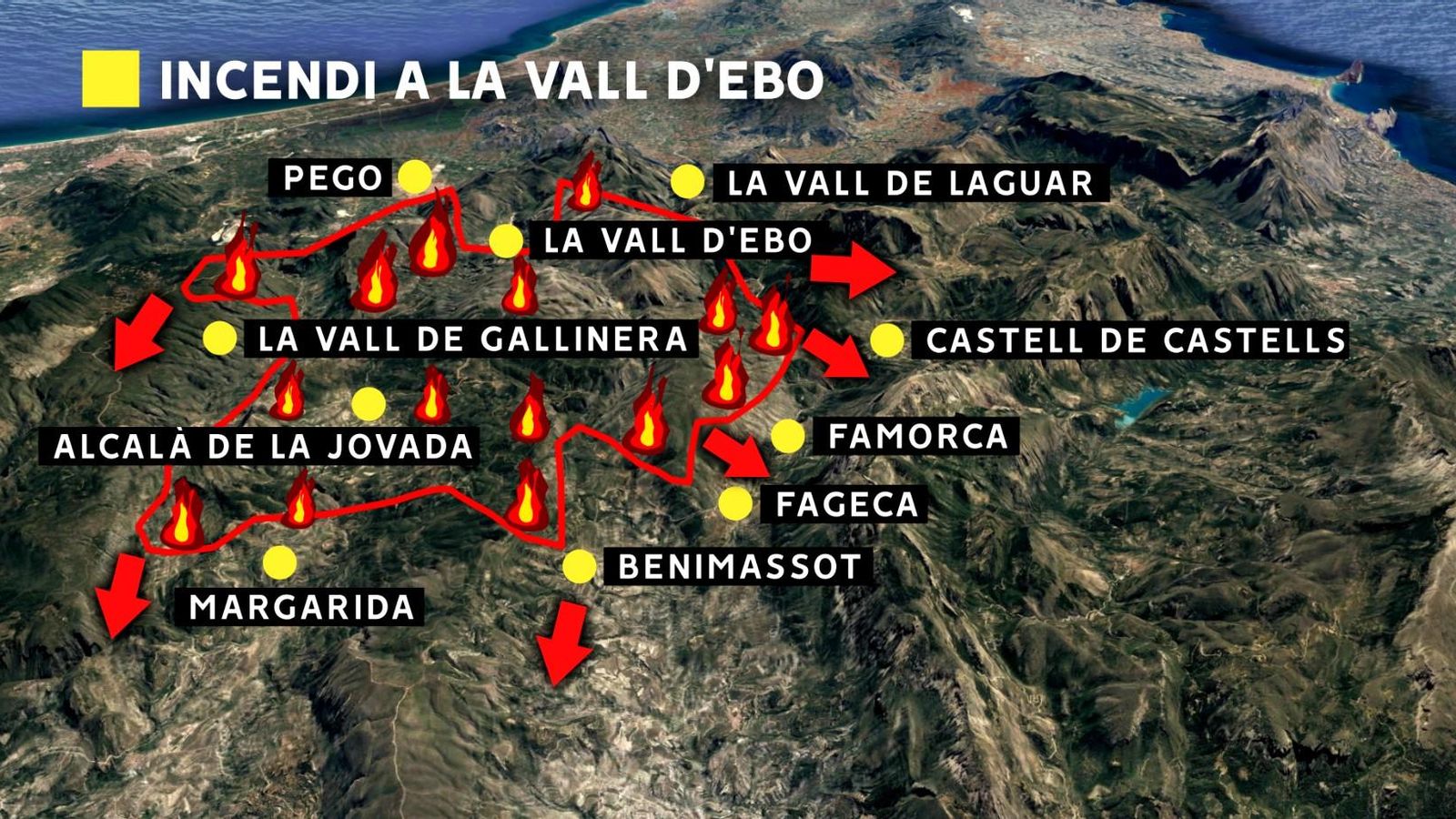 Mapa de l'incendi declarat a la Vall d'Ebo