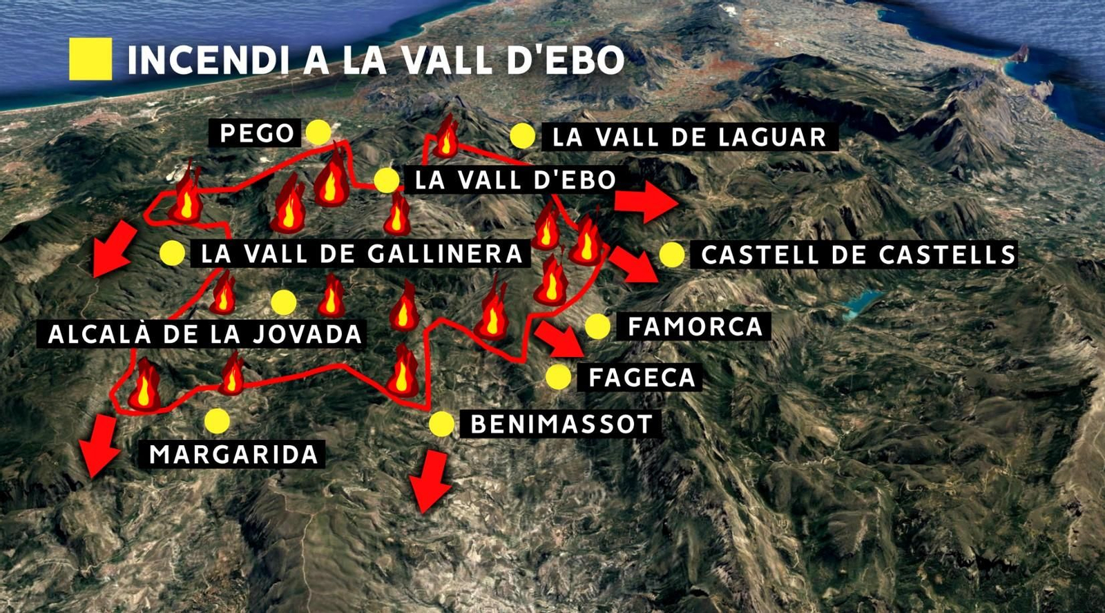 Mapa de l'incendi declarat a la Vall d'Ebo