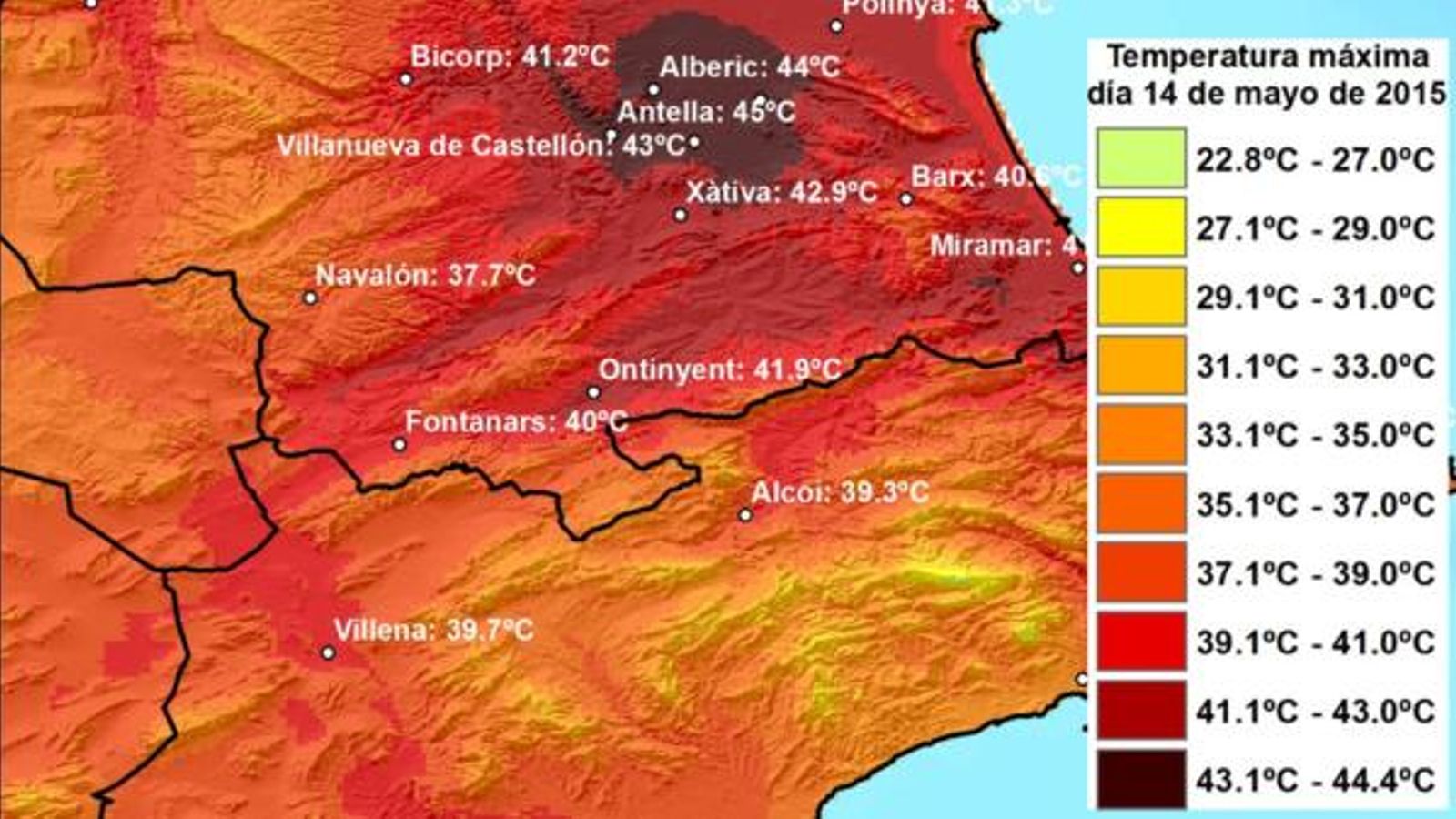 Temperatures màximes registrades el 14 de maig de 2015