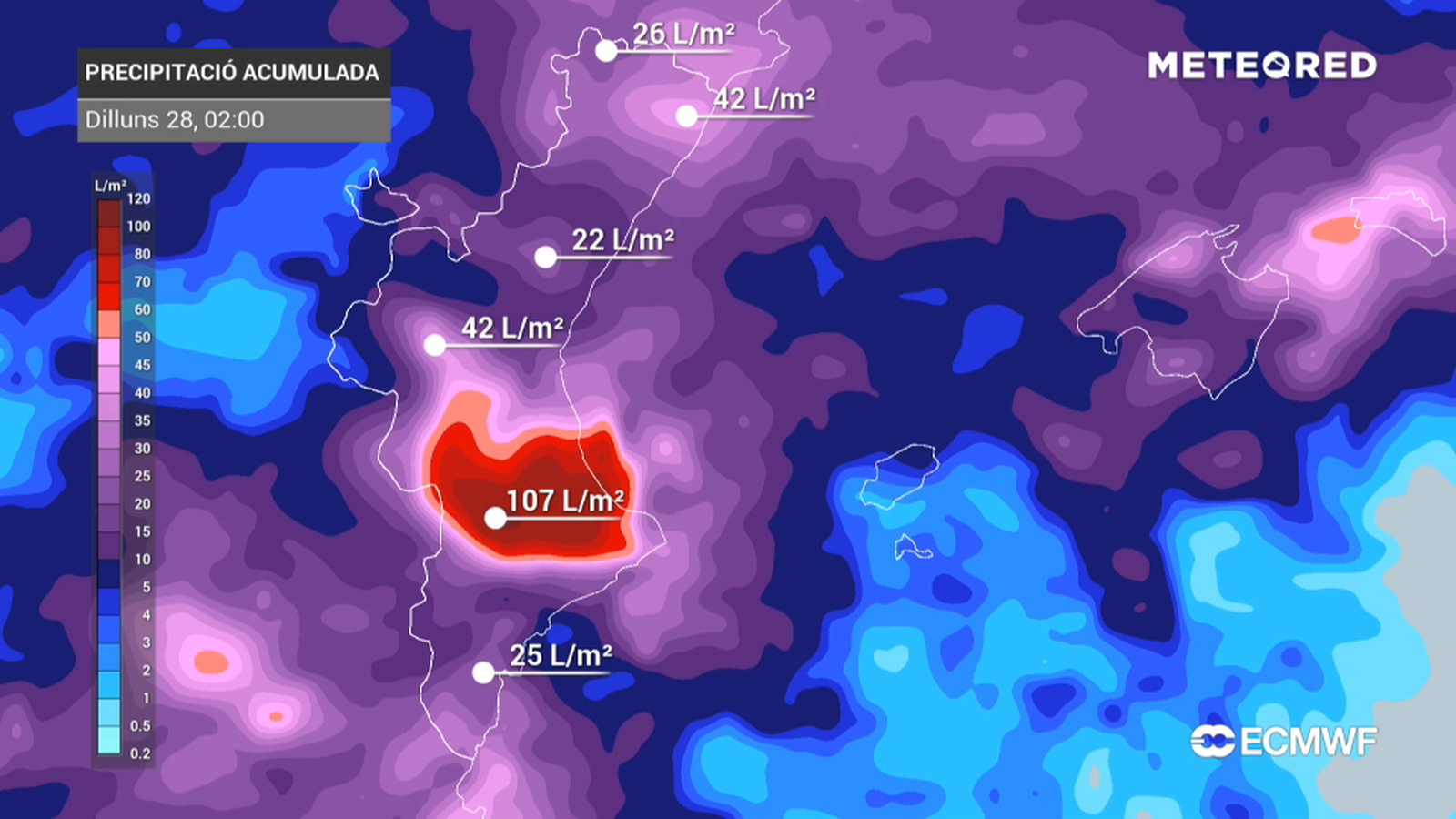Previsió de pluja acumulada fins al matí de dilluns