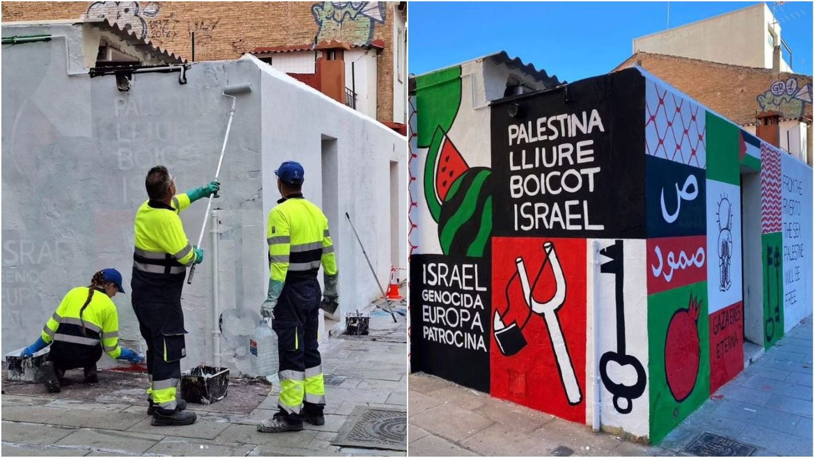 En imatge, l'abans i el després del mural