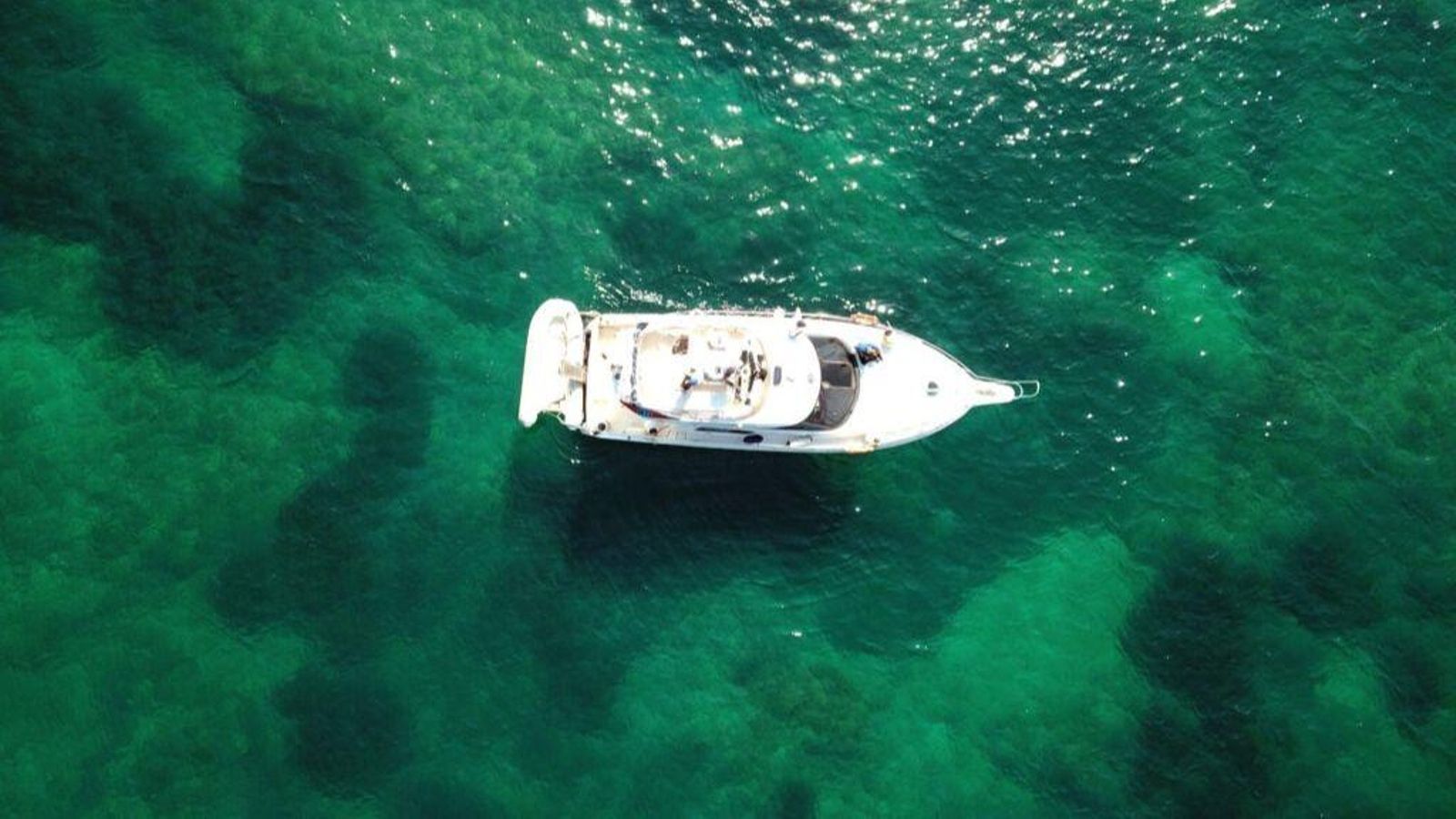 Vista aèria d'un vaixell sobre zones de posidònia