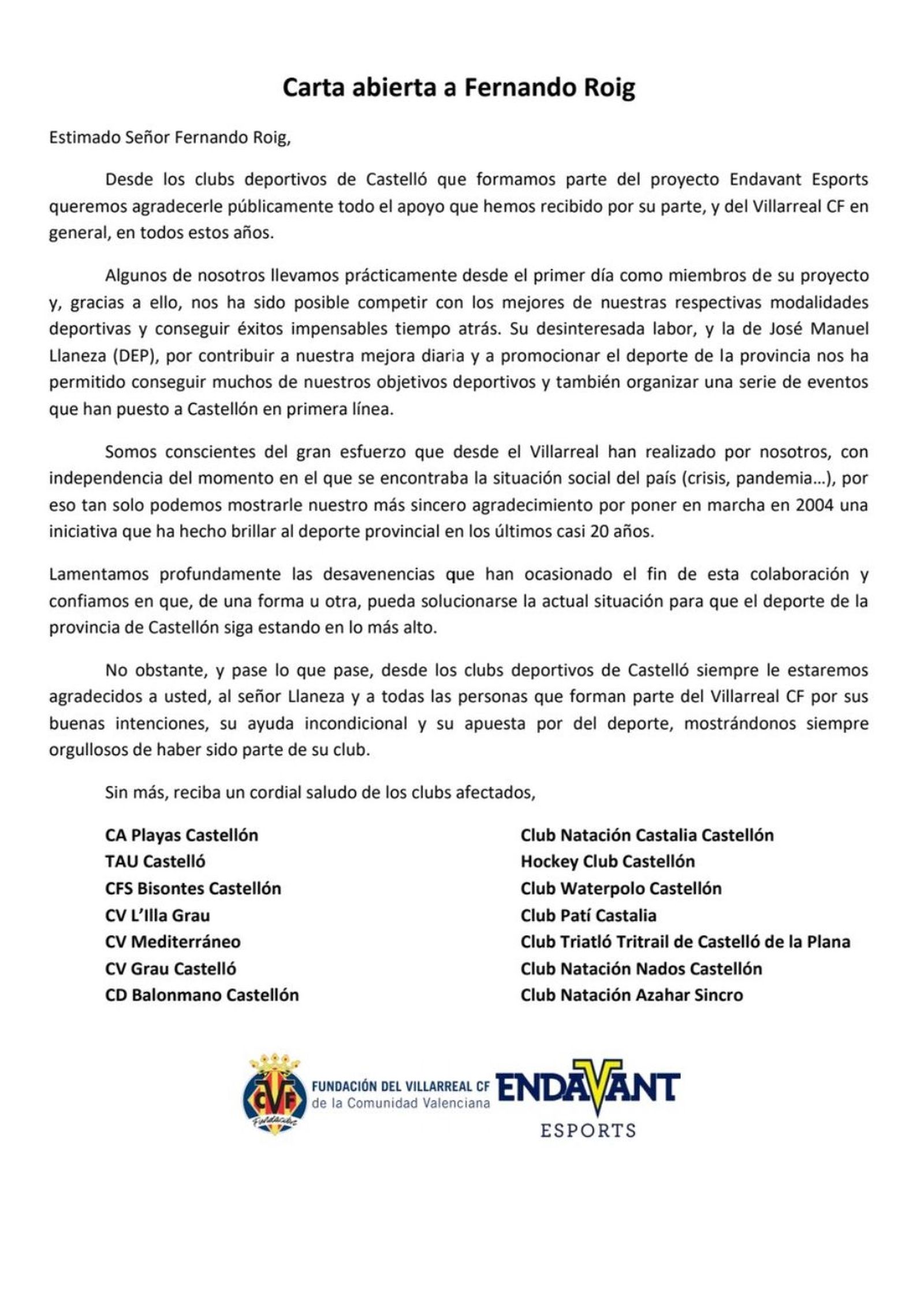 La carta oberta a Fernando Roig