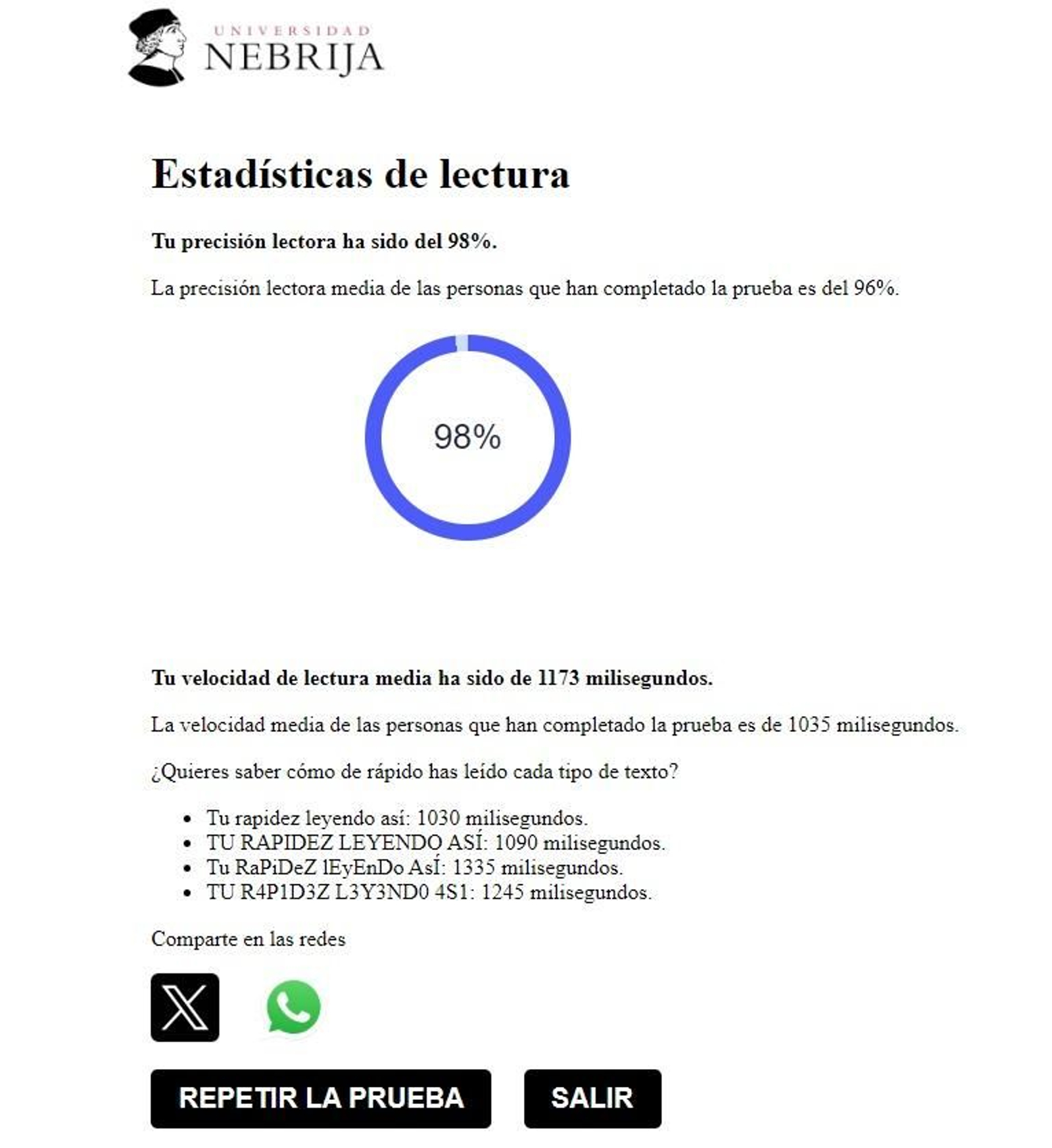 Exemple del resultat d'un test de lectura
