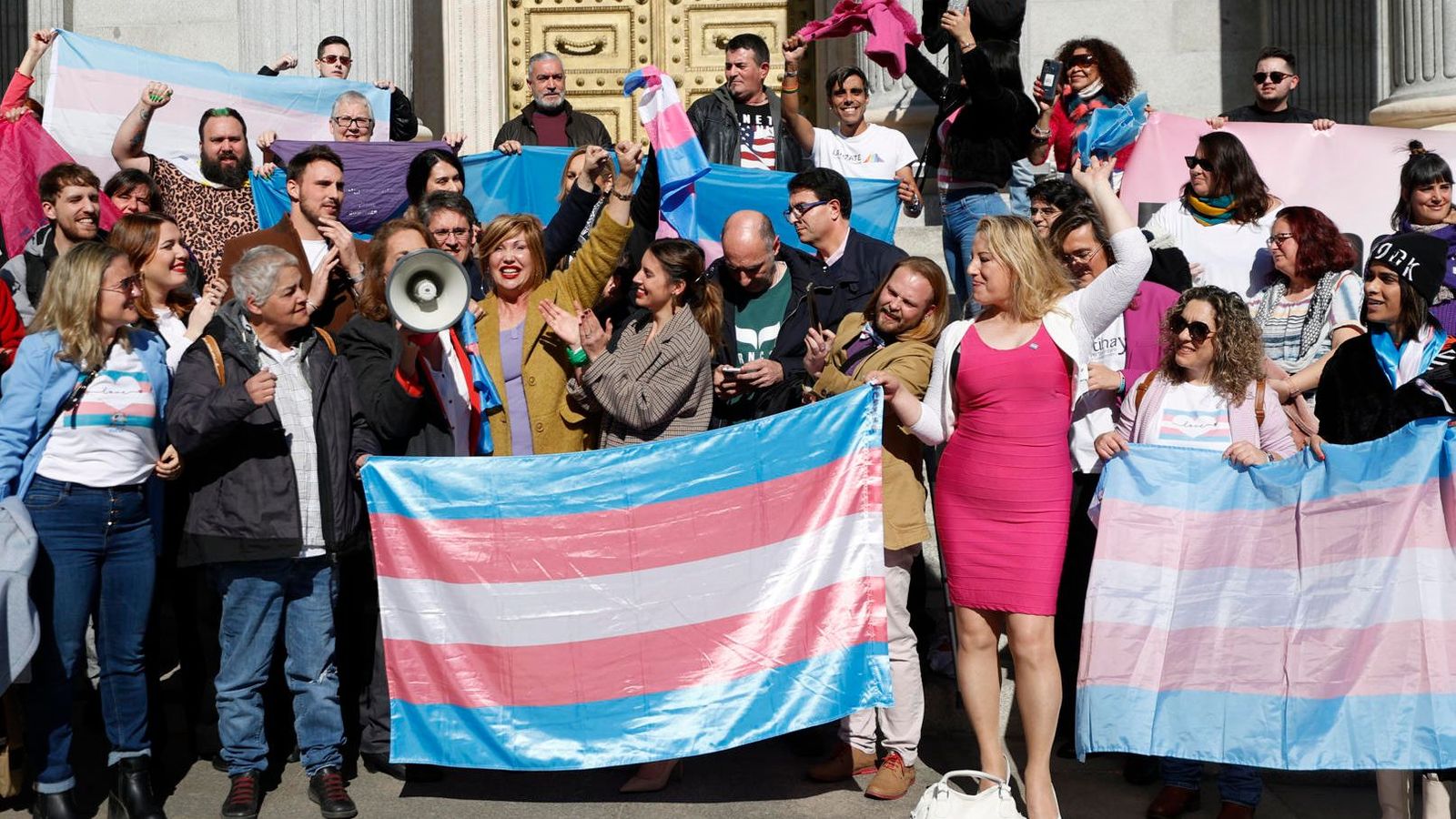 Col·lectius LGTBI celebren amb la ministra d'Igualtat l'aprovació de la llei trans a les portes del Congrés