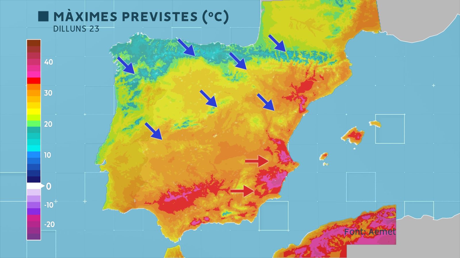 Temperatures màximes previstes per a aquest dilluns a la península ibèrica