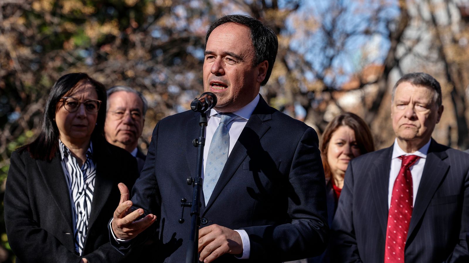 El president de la Generalitat, Juanfran Pérez Llorca, durant l'acte d'homenatge a Manuel Broseta en el 34é aniversari de l'assassinat per ETA
