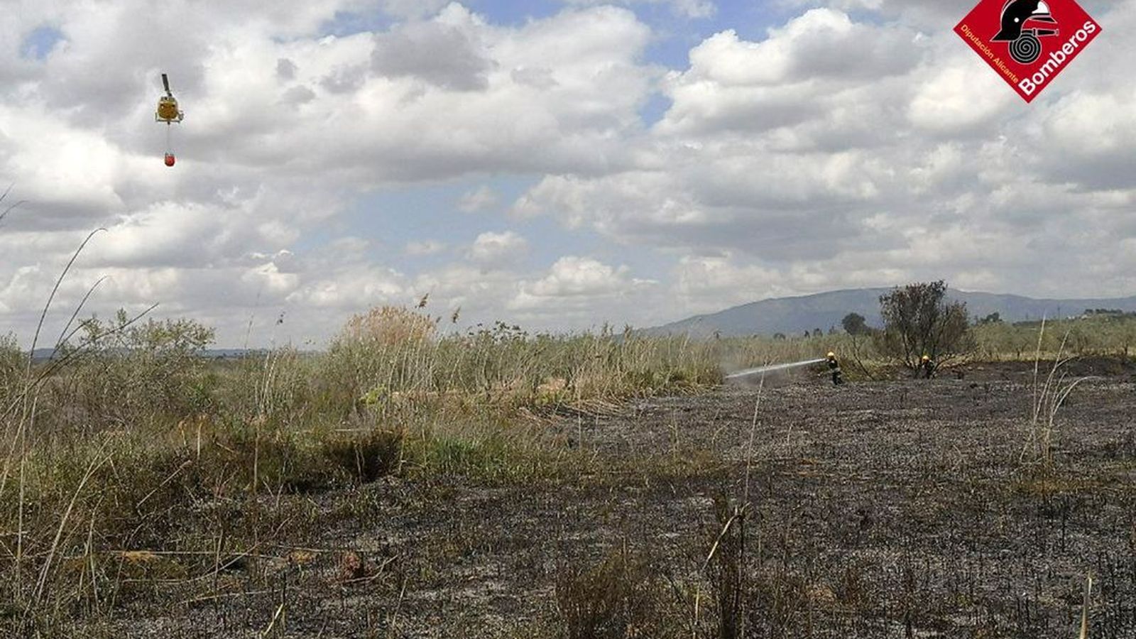 Imatge dels bombers treballant en la zona del Rodrigillo, a 500 metres de la Tejada, en Pinoso