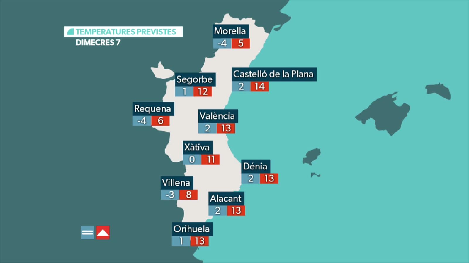 Les temperatures previstes dimecres 7 de gener