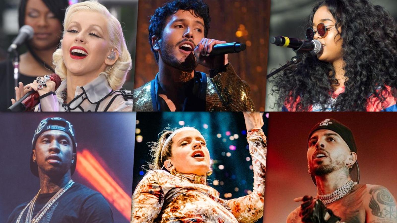 Imatge d'arxiu de Christina Aguilera, Sebastián Yatra, H.E.R, Tyga, Rosalía i Rauw Alejandro