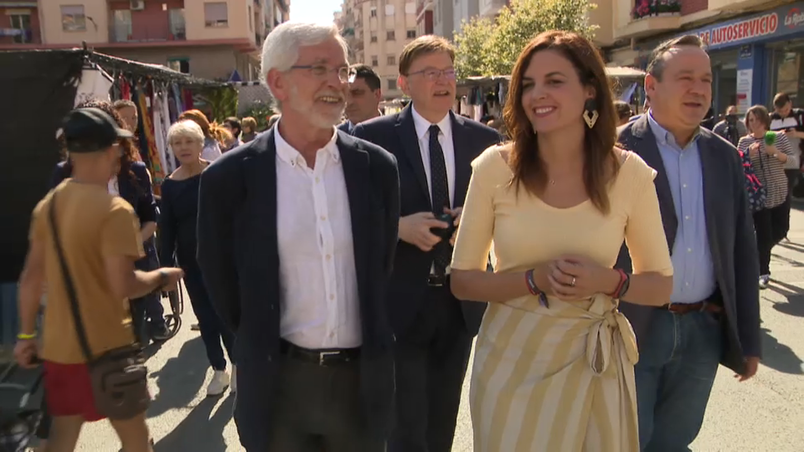 La candidata socialista a l'alcaldia de València, Sandra Gómez, acompanyada pel president de la Generalitat Ximo Puig i l'expresident Lerma