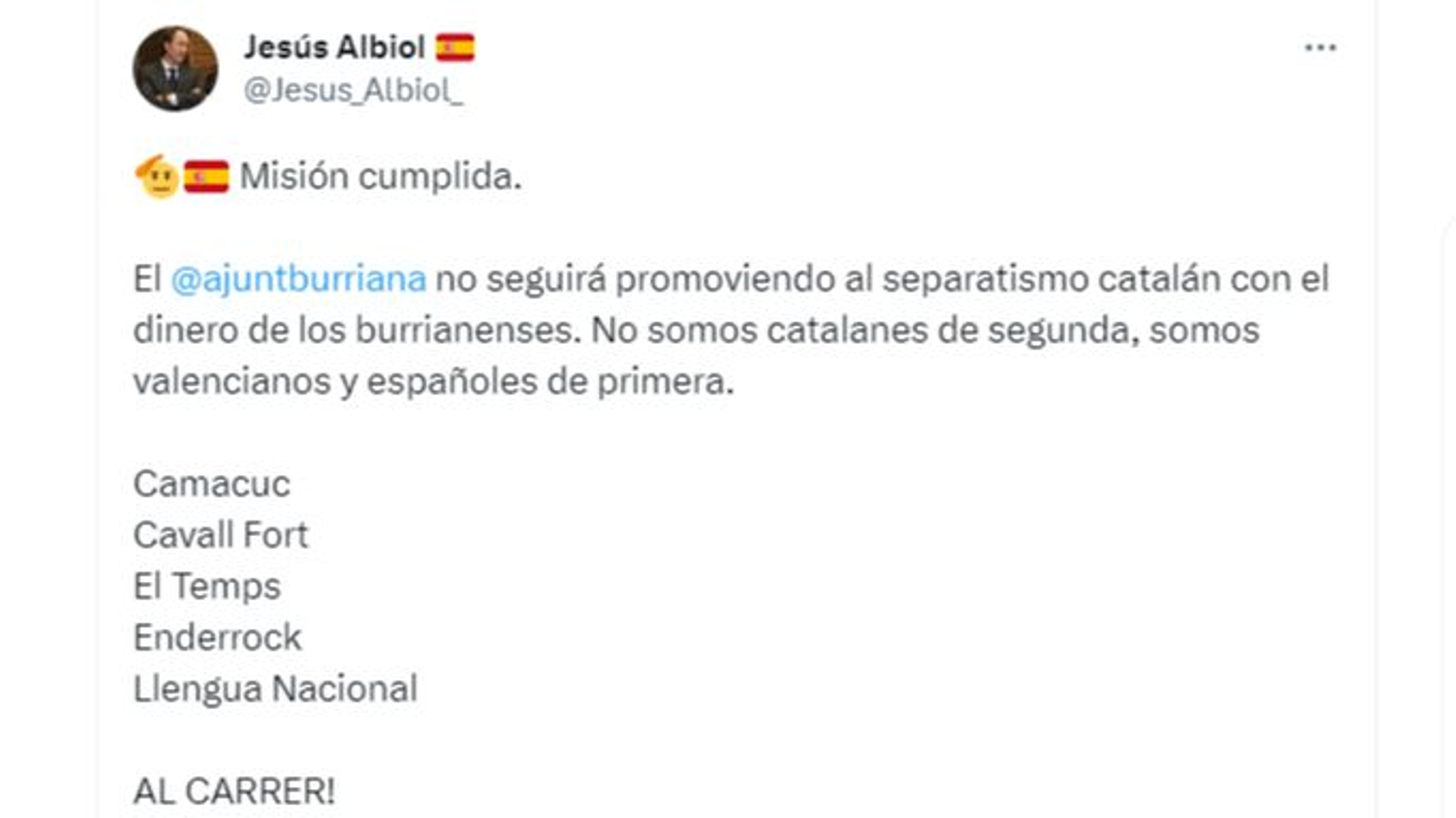 El tuit de Jesús Albiol, regidor de Cultura de l'Ajuntament de Borriana, en juliol de 2023