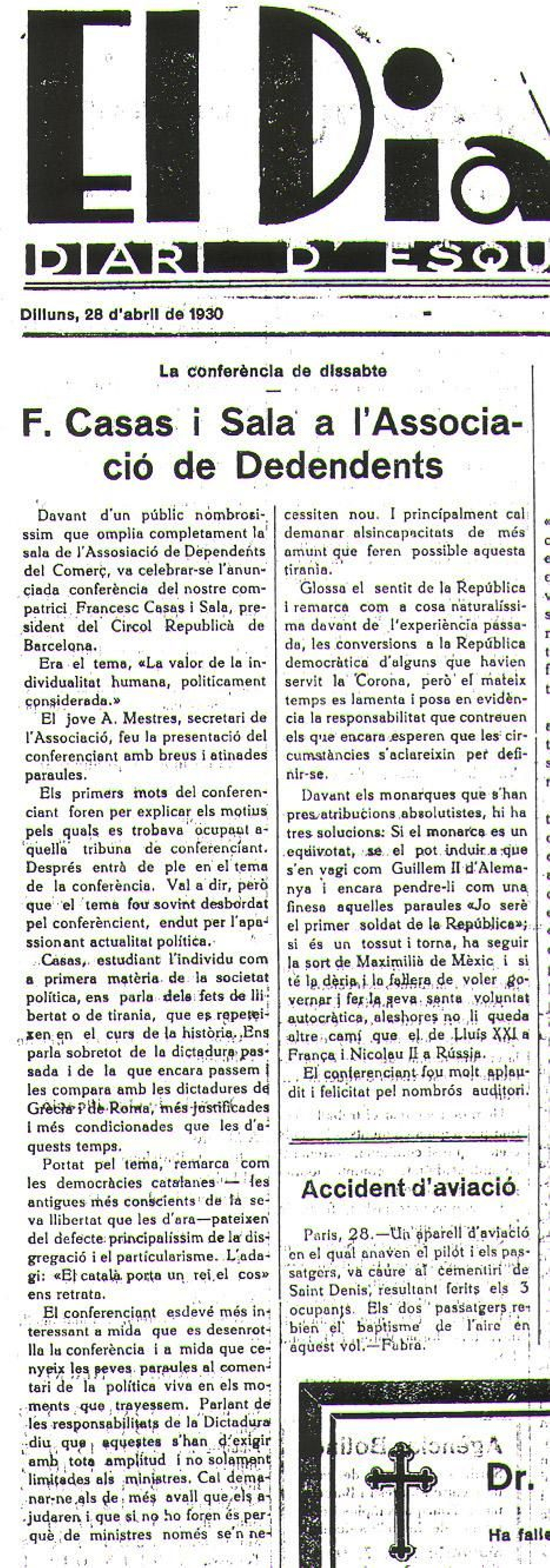 Crònica periodística d’una conferència de Casas Sala defenent la República, en 1930. Imatge cedida per l’Associació Memòria i Història de Manresa