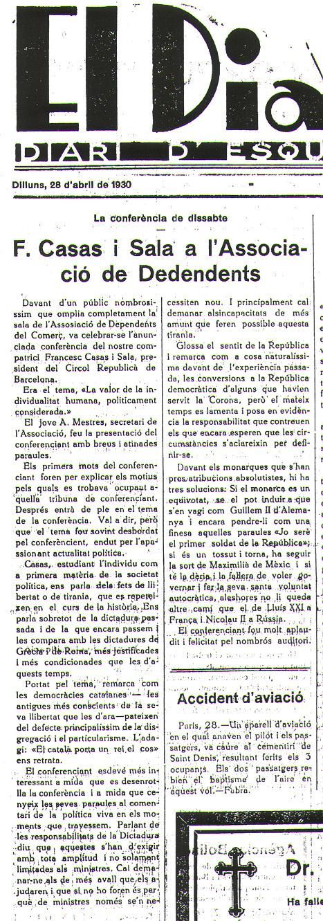 Crònica periodística d’una conferència de Casas Sala defenent la República, en 1930. Imatge cedida per l’Associació Memòria i Història de Manresa Crònica periodística d’una conferència de Casas Sala defenent la República, en 1930. Imatge cedida per l’Associació Memòria i Història de Manresa