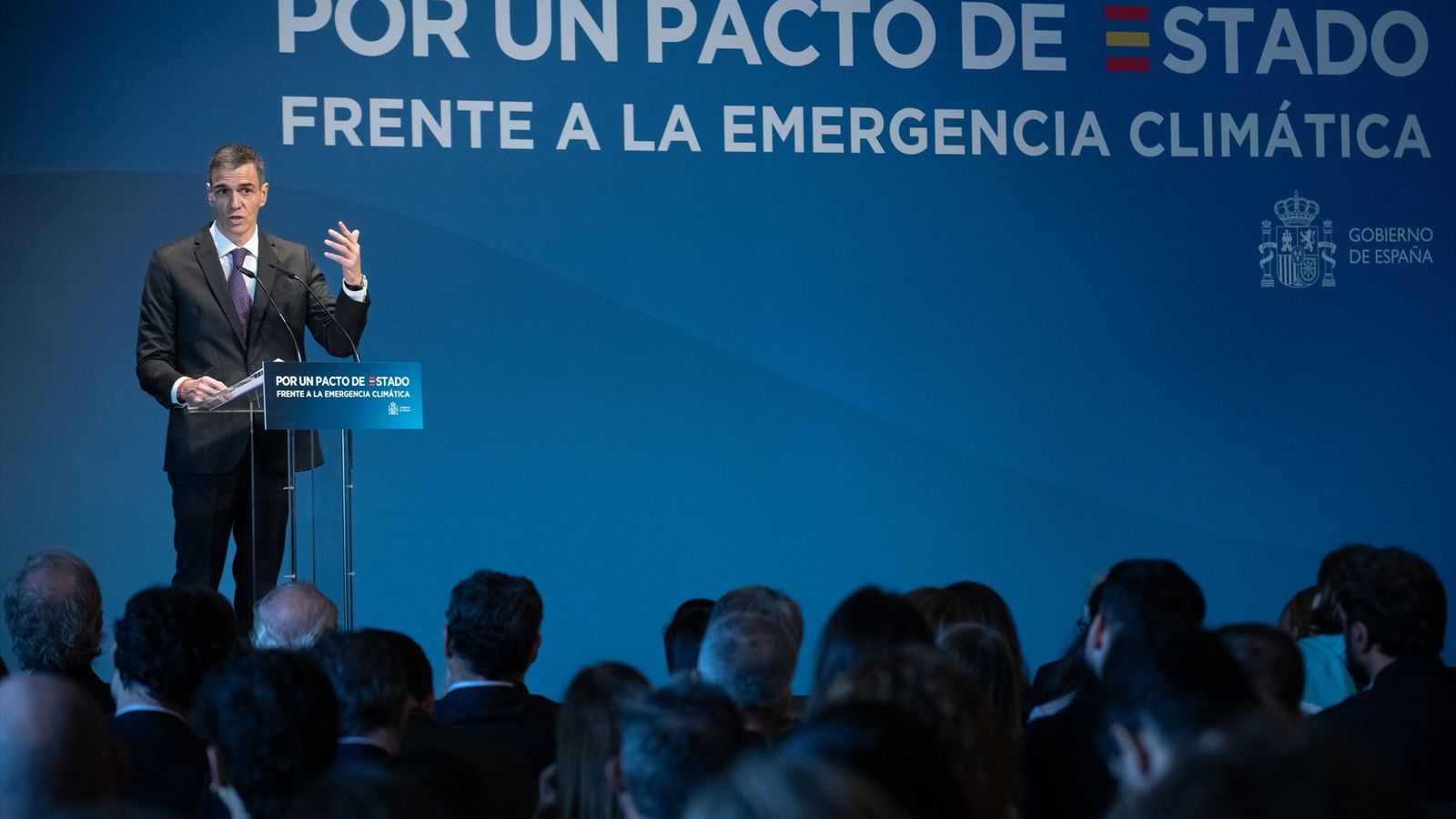 El president del govern, Pedro Sánchez, durant la presentació del segon esborrany del pacte d'estat enfront de l'Emergència Climàtica