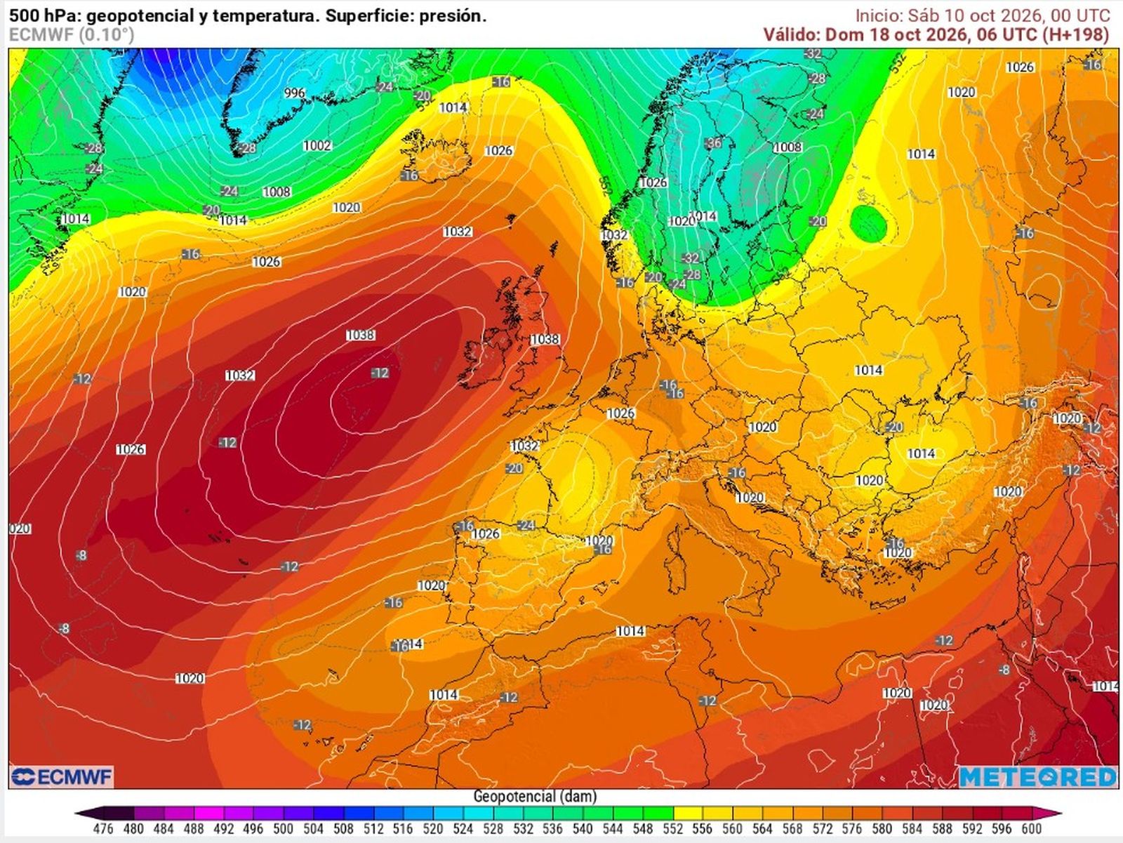 Mapa de 500 hPa previst pel centre europeu (ECMWF) per a diumenge18