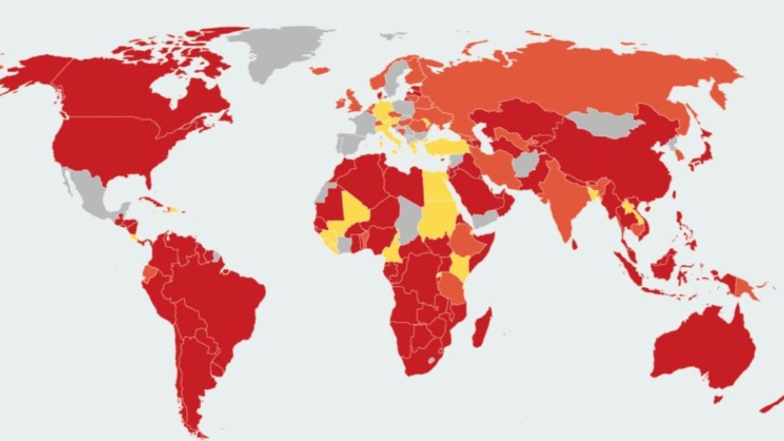 Mapa del Ministeri d'Afers Estrangers que arreplega les restriccions a viatgers procedents d'Espanya