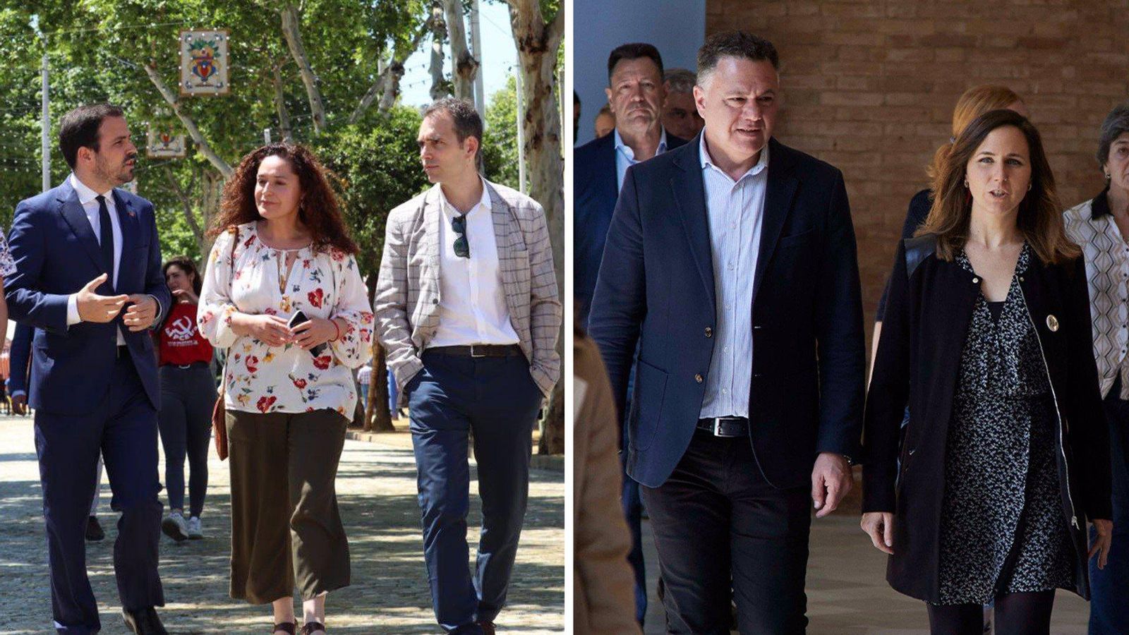 Fotomuntatge amb Alberto Garzón, Inmaculada Nieto i Toni Valero (IU), a l'esquerra, i Juan Antonio Delgado i Ione Belarra (Podemos) a la dreta