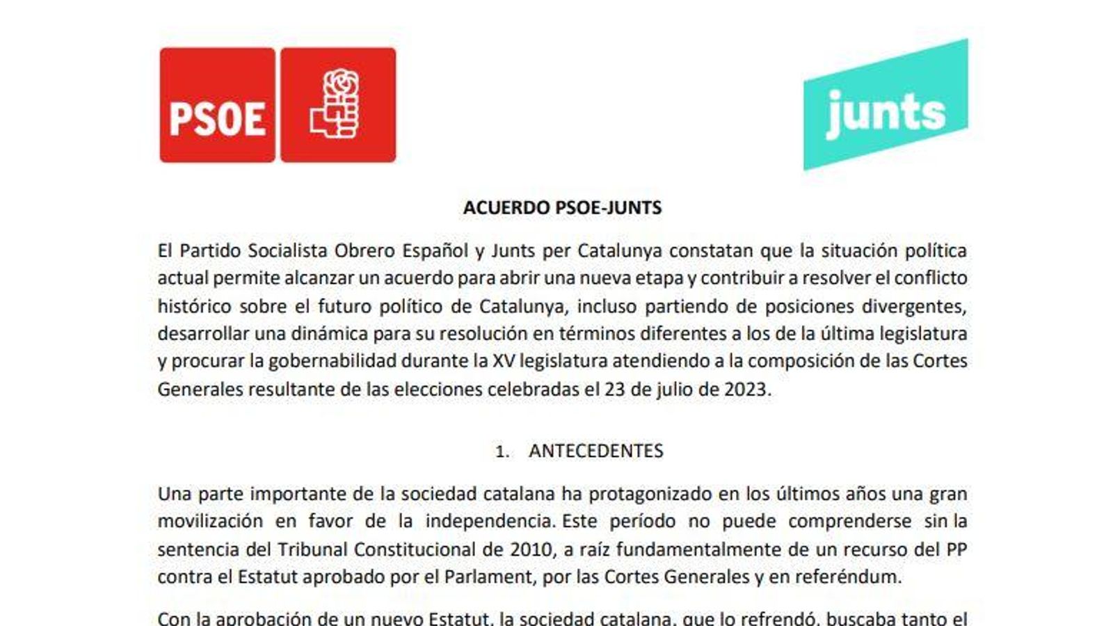 Inici del document signat per PSOE i Junts