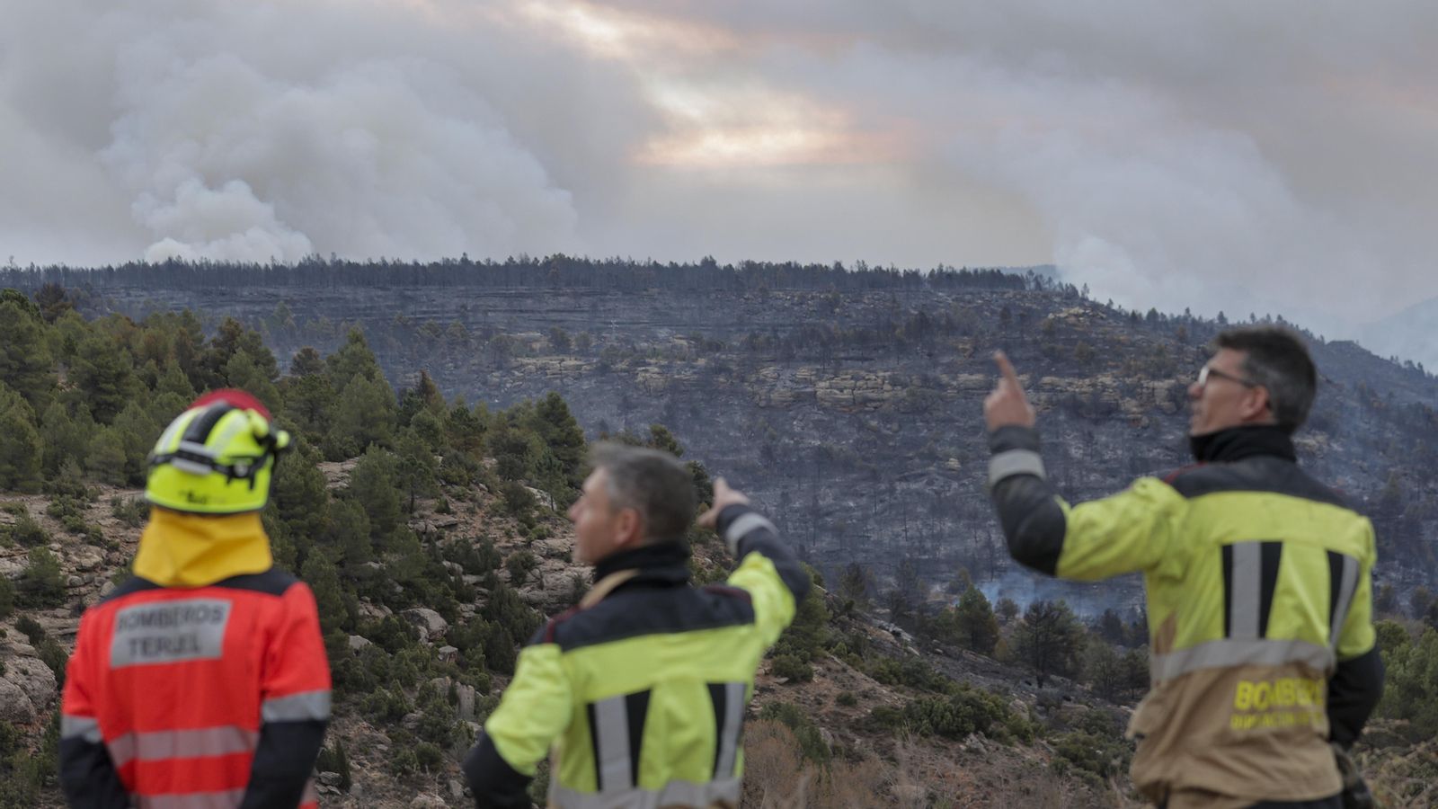 Diversos efectius d'extinció observen un dels vessants cremats en l'incendi de Vilanova de Viver