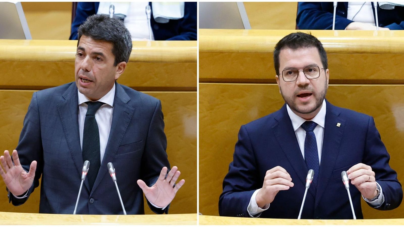 El president Carlos Mazón i el seu homòleg català Pere Aragonès durant la sessió al Senat