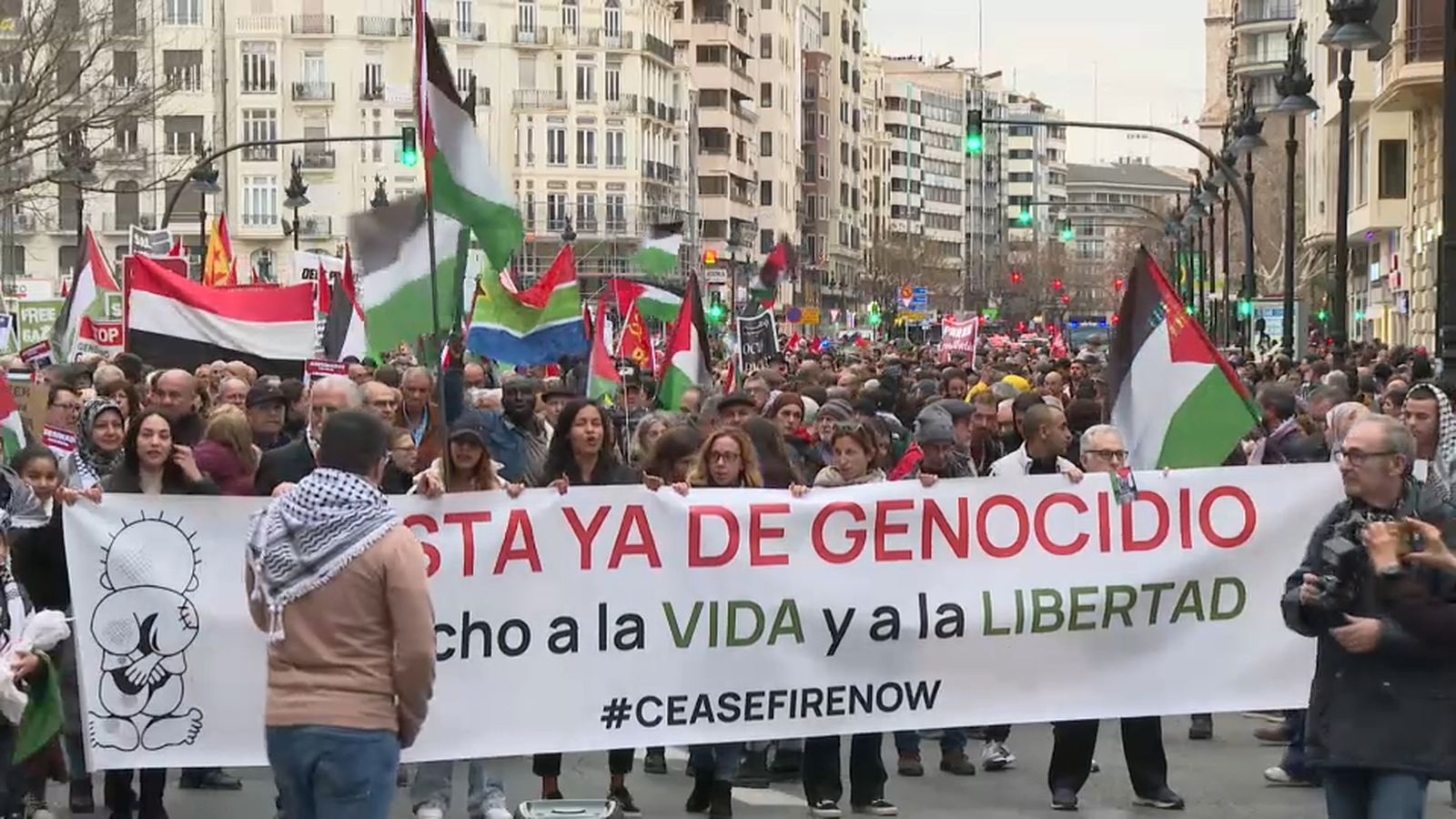 Manifestació a València en suport al poble palestí, convocada per Xarxa Solidària contra l'Ocupació de Palestina (RESCOP) i el moviment BDS